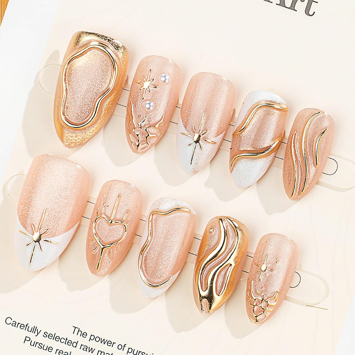 Press on Nails Medium Almond - 3D Gold Flower Vines with Rhinestone Fake Nails, Nude Pink Jelly Champagne Shimmer French Tip Bridal False Nails for Women, 30 Pcs
