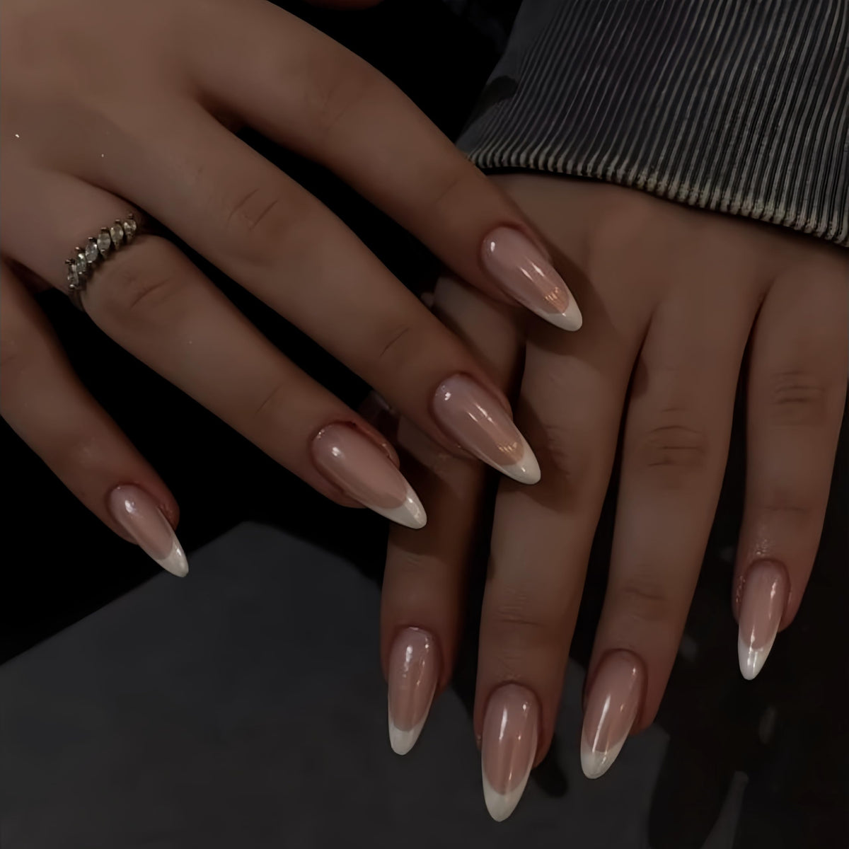White French Tip Press On Nails Almond - KQueenest Chrome Press On Nails Medium, Glazed Natural Light Nude Fake Nails Press on, Reusable Glue on Nails Stick On Nail for Women Bridal Wedding