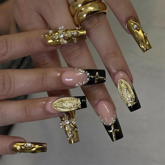 BABALAL Press on False Nails Long Square Fake Nails Black and Gold Chrome Gothic Glue on Cross Charm Luxury 3d Design French Tip Acrylic 24Pcs Y2k Handmade Custom Full Cover Gel Nails