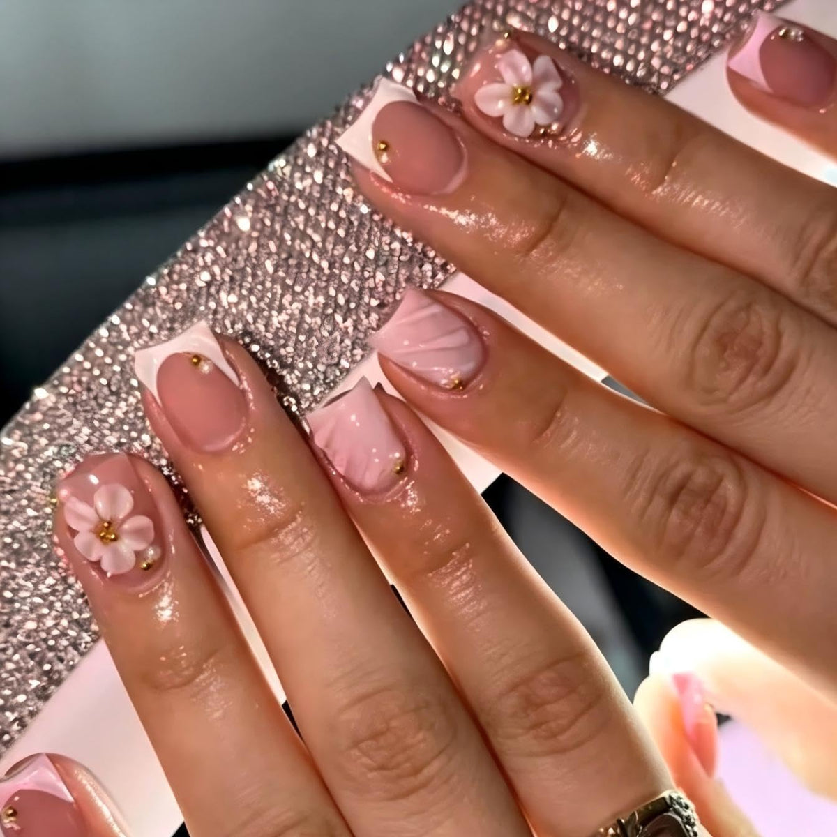 Short Square Press on Nails French Tip | Acrylic White Flower False Nails with Gold Rhinestones Design, Glossy Press Ons Stick on Glue on Nails for Women 24Pcs