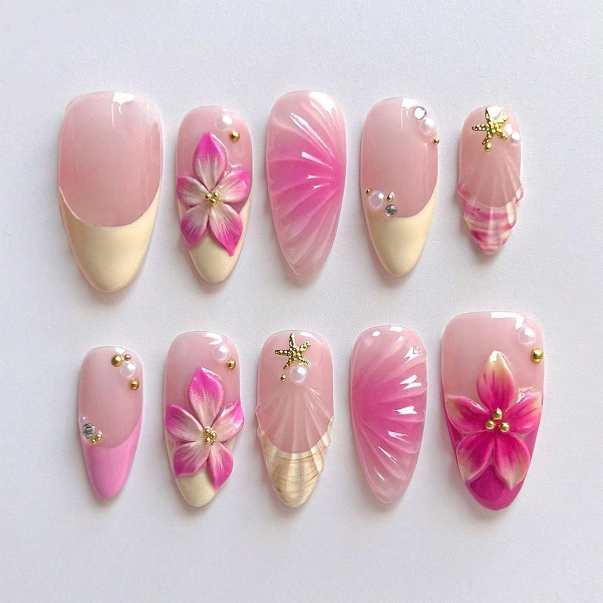 24Pcs Almond Press on Nails Medium Length White French Tip Fake Nails with Gold Lines Designs 3D Bow Acrylic Nails Reusable Cute False Nail Set Nude Glossy French Full Cover Glue on Nails for Women
