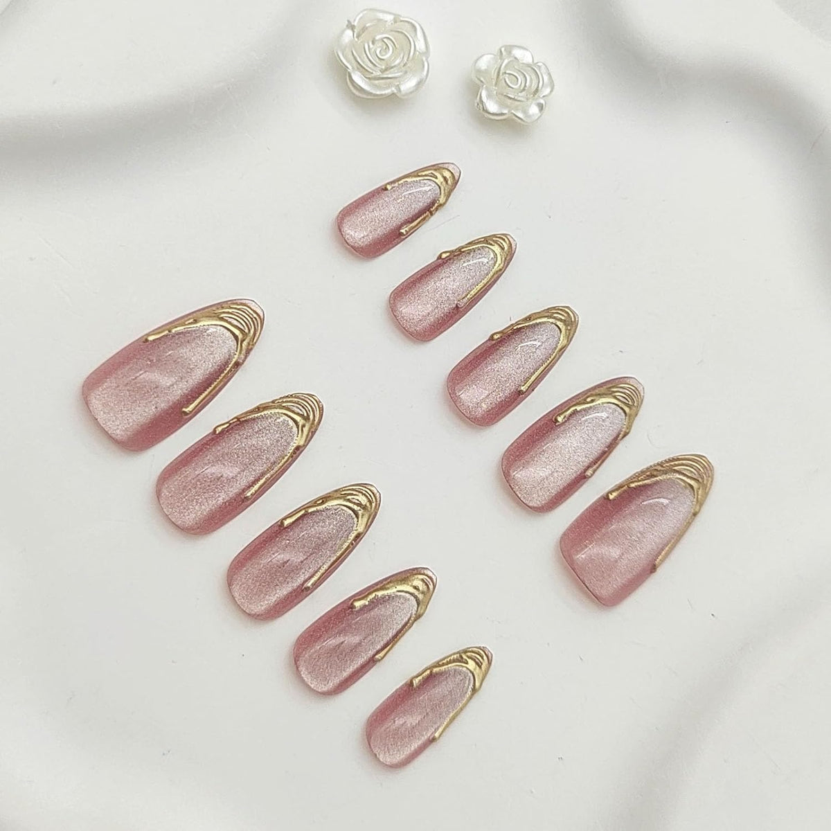 French Tip Press on Nails Almond Medium Fake Nails with Chrome Glitter Designs Nails Press ons Pink Gold Glue on Nails Natural False Nails Glossy Artificial Nails Simple Stick on Nails for Women 24Pcs