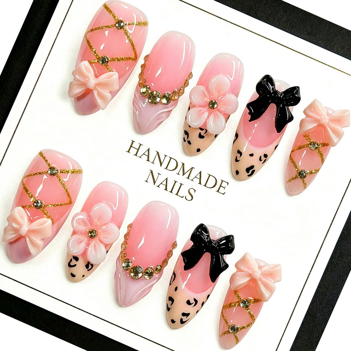 Handmade Almond Press on Nails, Abstract 3D Floral Gold, 10Pcs