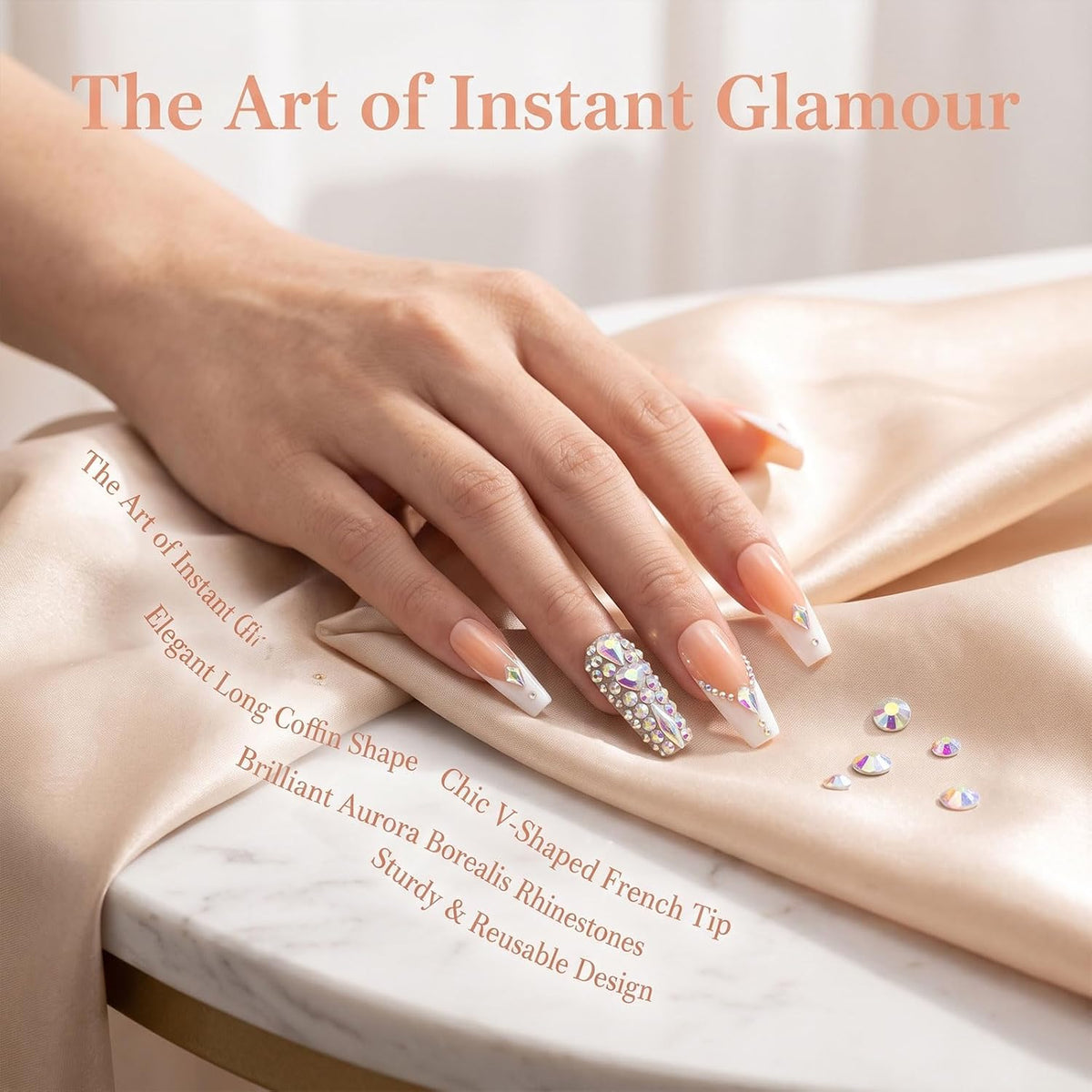 Long Square Handmade Press on Nails - White French Tip Acrylic Fake Nails with Crystals Gems, Elegant Bridal Reusable False Nails for Wedding Manicure 10 Pack (Size M)