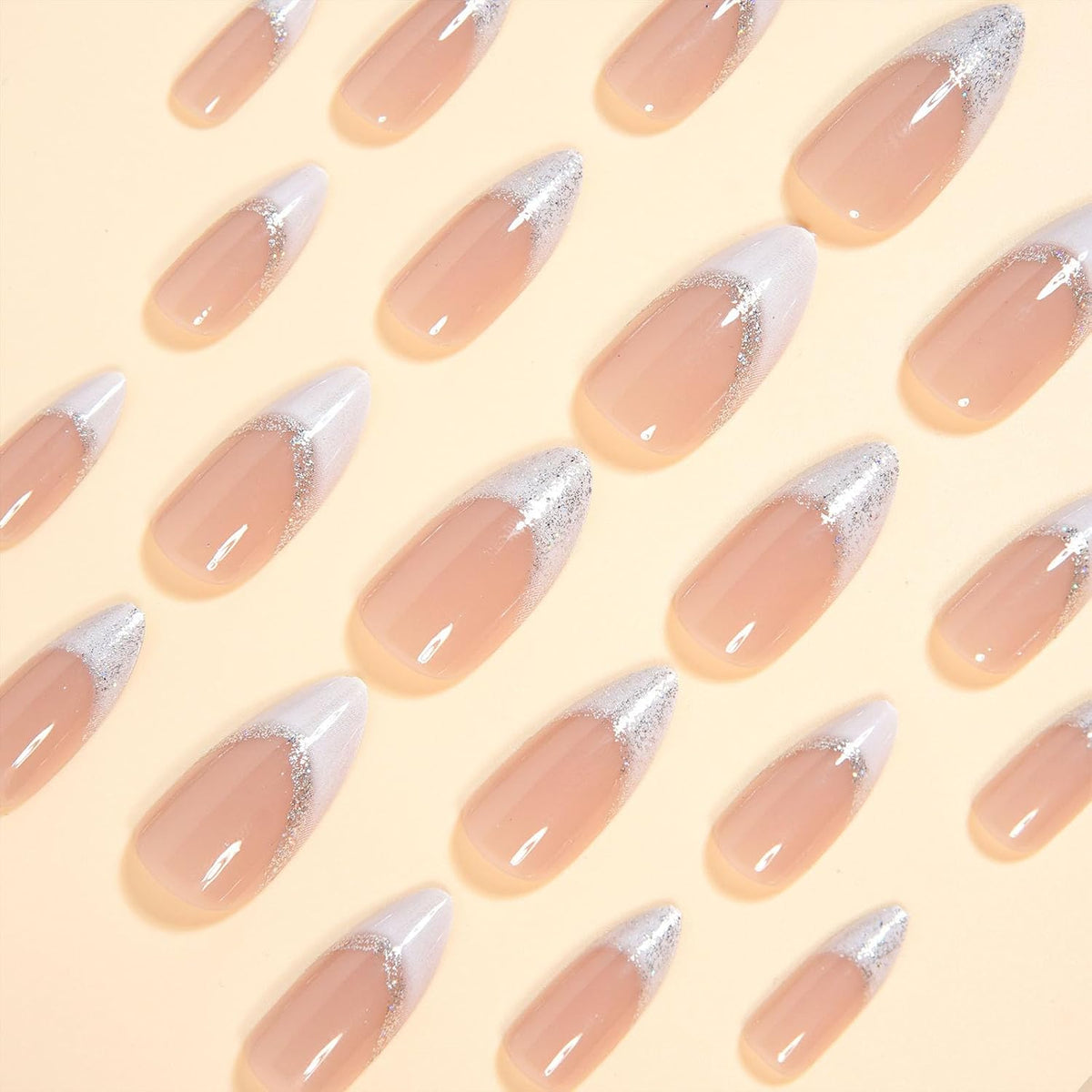 White French Tip Press on Nails Almond Medium Fake Nails with Silver Glitter Designs Nails Press ons Nude Glue on Nails Glossy Acrylic Nails Simple Stick on Nails for Women 24Pcs