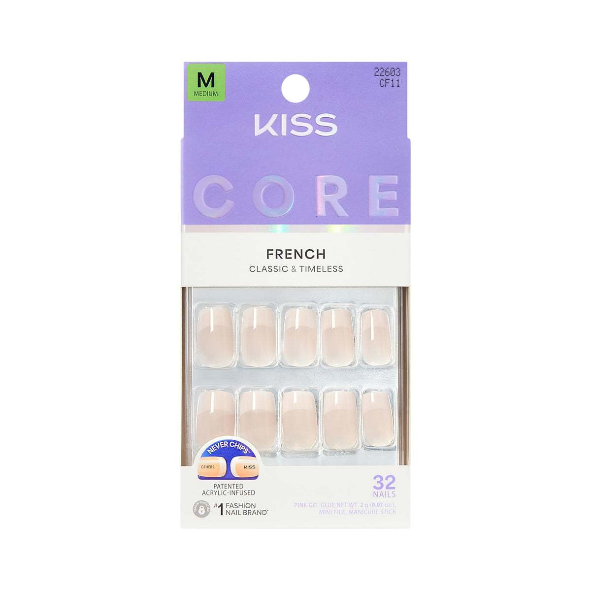 Kiss Core, Press On Nails, Nail glue included, 'Curiosity', White, Medium Size, Almond Shape, Includes 32 Nails, 2g Glue, 1 Manicure Stick, 1 Mini File