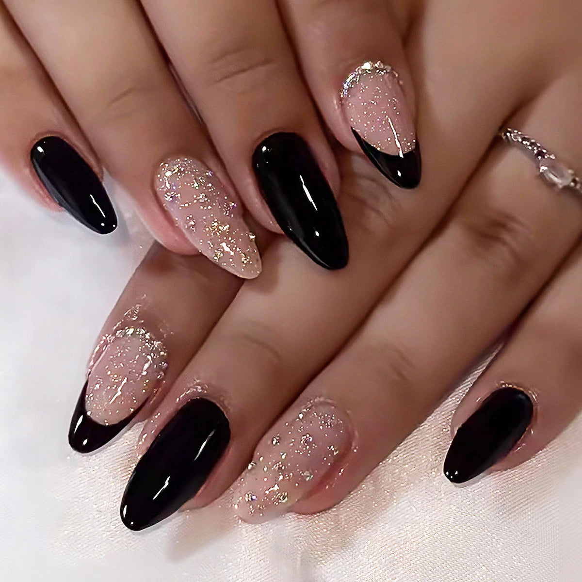 MERVF Medium Almond Press on Nails - White Ombre French Tip Fake Acrylic Nails, Rhinestones Gold Rings Design Wedding Glossy Finish 24pcs