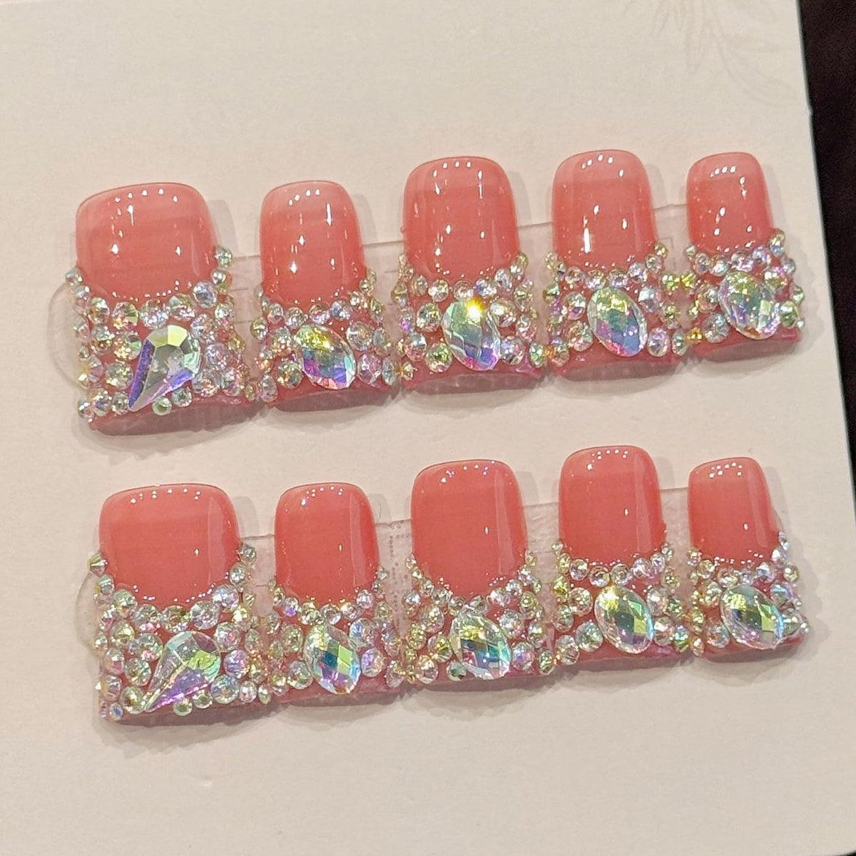 Nude Jelly Press on Nails Long Coffin, Handmade Luxury Rhinestone False Nails with Crystal & Pearl, Glossy Nude Ballerina Fake Nails Reusable Stick On Nails Set for Women 10Pcs