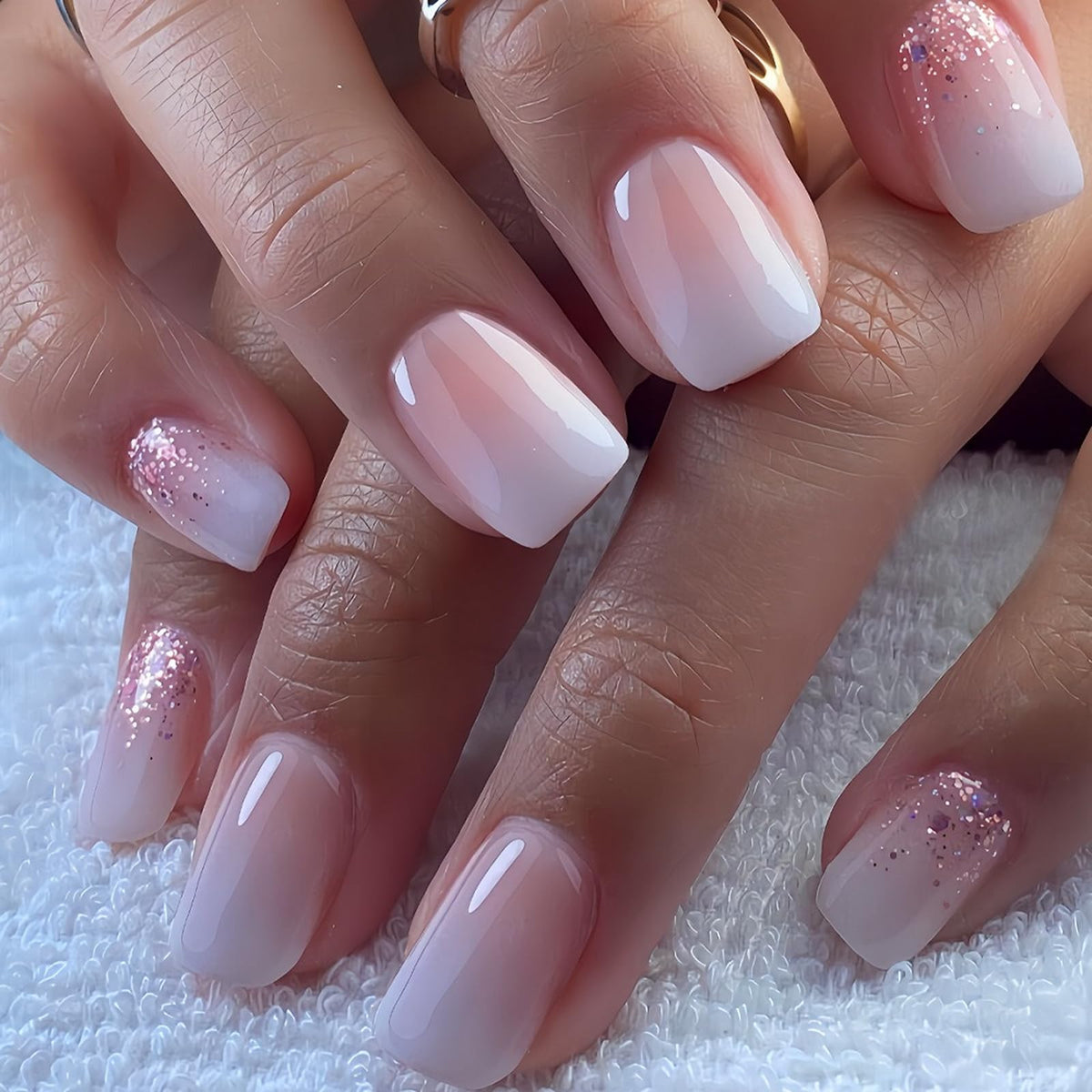 French Tip Press on Nails Glitter Petite Short Square Fake Nails Pink Nude Glossy Design Sparkly False Nails Glue on Nails with Full Cover Acrylic Stick for Women Girls Nail Decorations 24Pcs