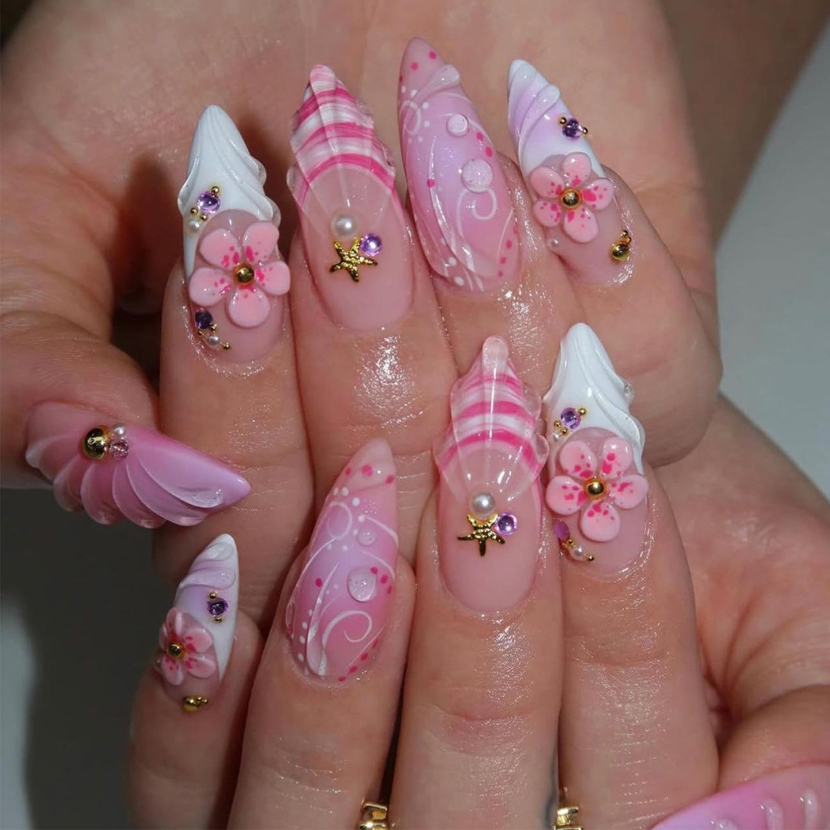 30Pcs Long Stiletto Press On Nails Gold Chrome Fake Nails with 3D Rhinestone Design Amber Gilding Nude Full Cover Acrylic Nails French Tip Glue On Nails Metal False Nails Luxury Manicure Set for Women