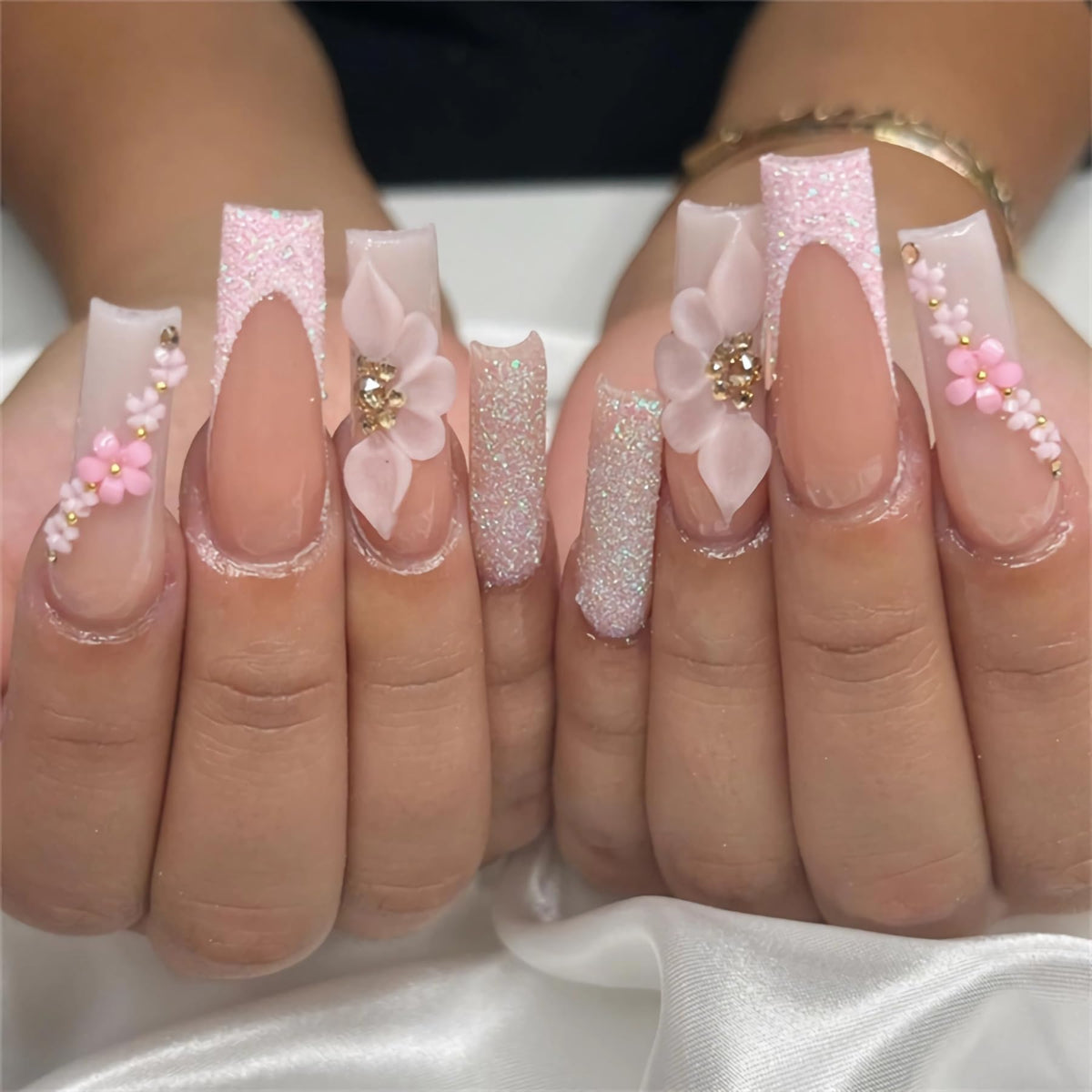 BABALAL Press on False Nails Long Square Fake Nails Black and Gold Chrome Gothic Glue on Cross Charm Luxury 3d Design French Tip Acrylic 24Pcs Y2k Handmade Custom Full Cover Gel Nails