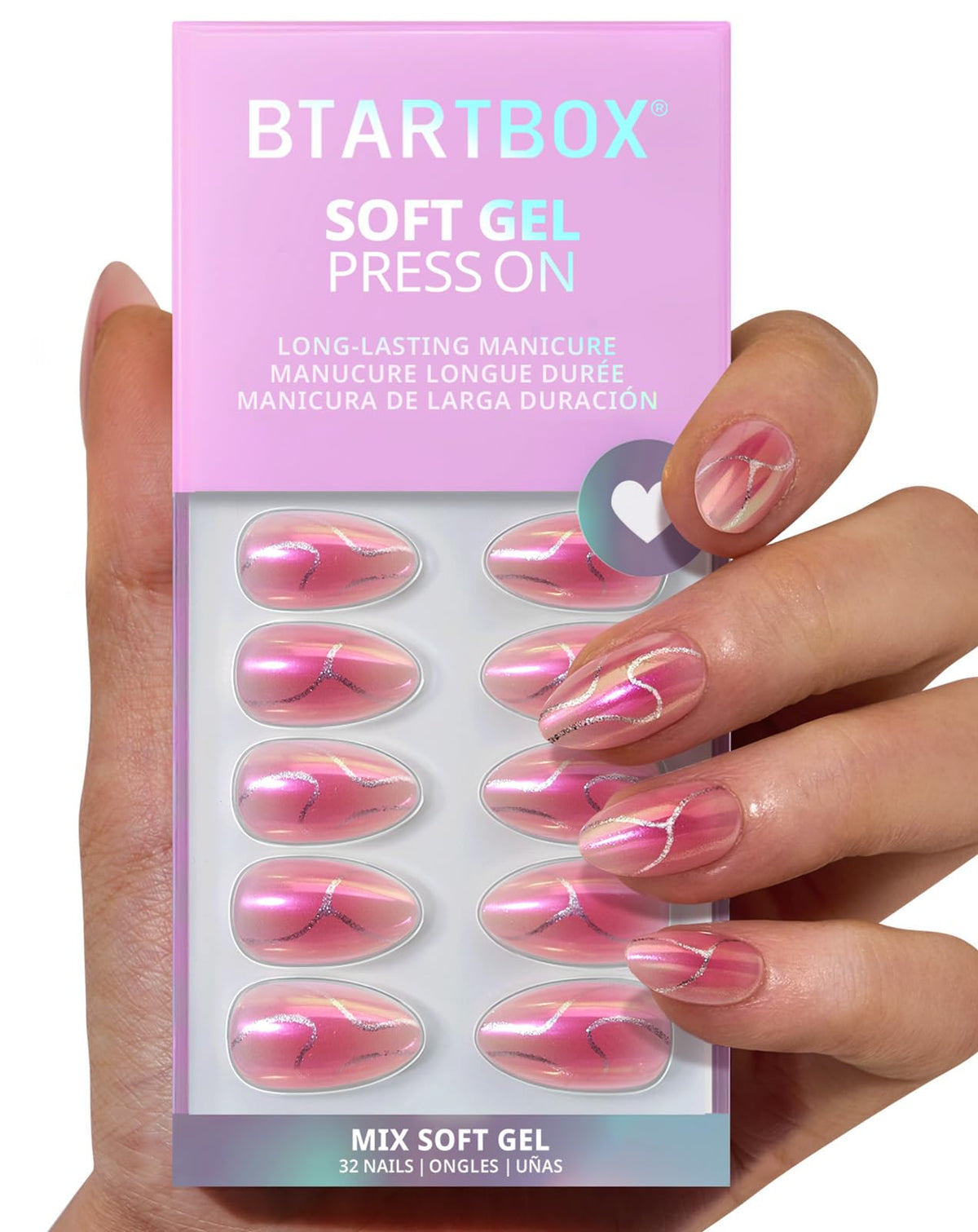 BTArtbox Press On Nails, Short Almond White Fake Nails, 32Pcs Full Kit