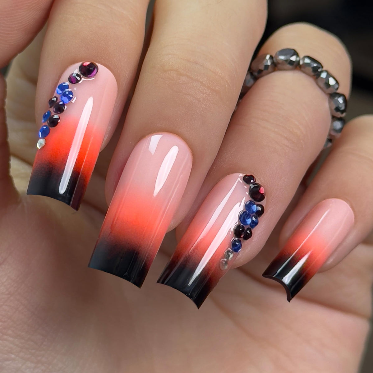 CurvLife Long French Tip Press On Nails, Pearl Rhinestones, Soft Gel