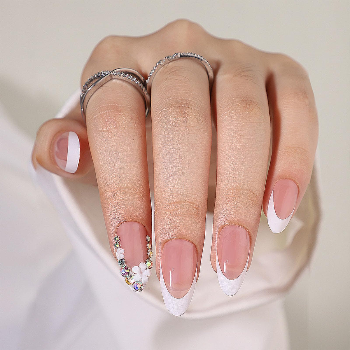 Press On Nails Almond Fake Nails French Tip False Nails Press ons Medium Glue on Nails with Chrome Design for Women Stick on Nail 24Pcs