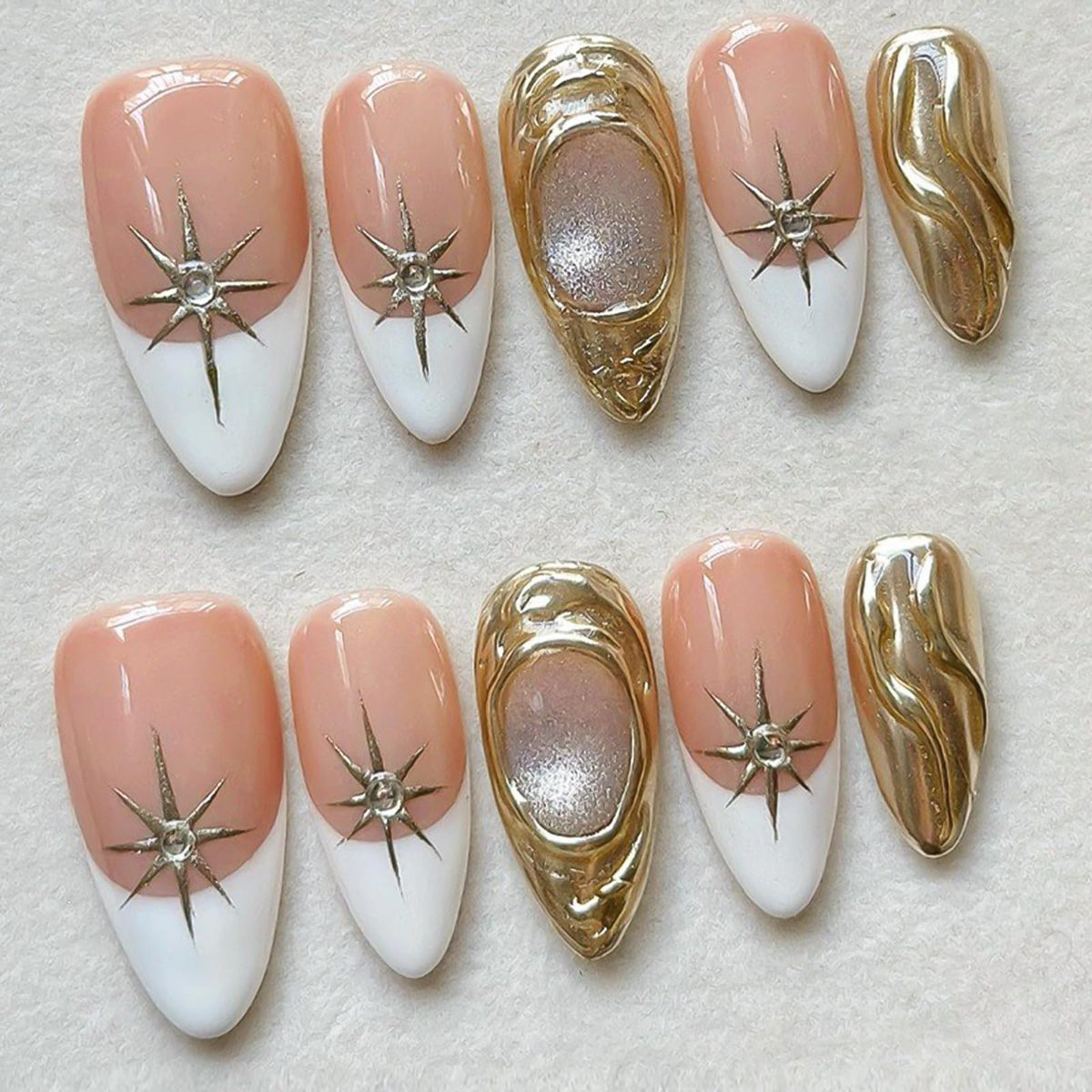 Press on Nails Medium Almond - 3D Gold Flower Vines with Rhinestone Fake Nails, Nude Pink Jelly Champagne Shimmer French Tip Bridal False Nails for Women, 30 Pcs