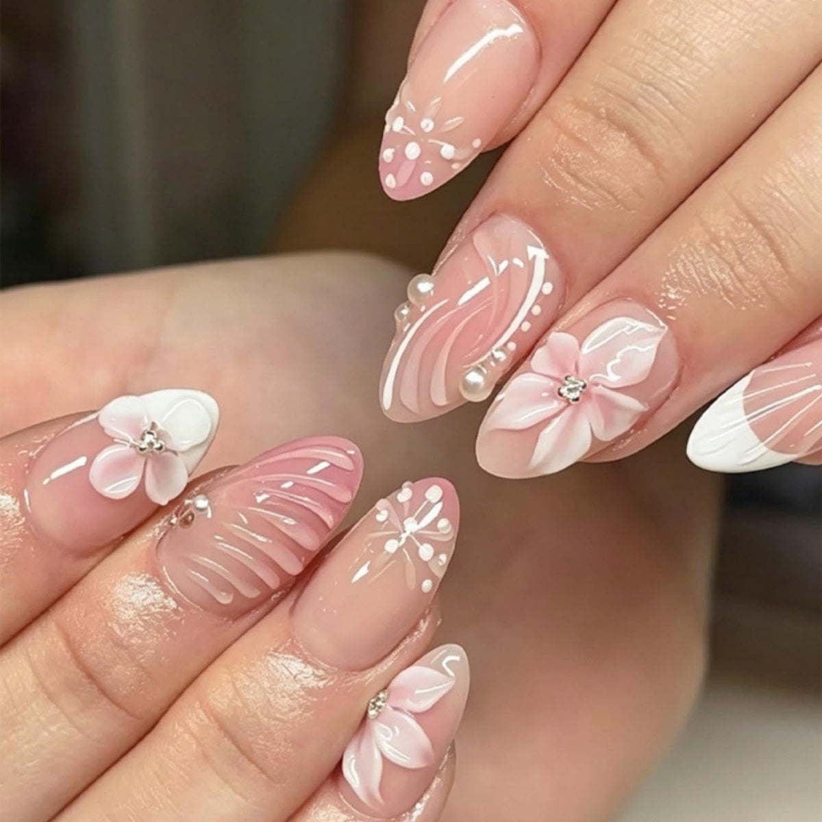 Medium Almond Pink 3D Twist French Tips Rhinestone Press On Nails