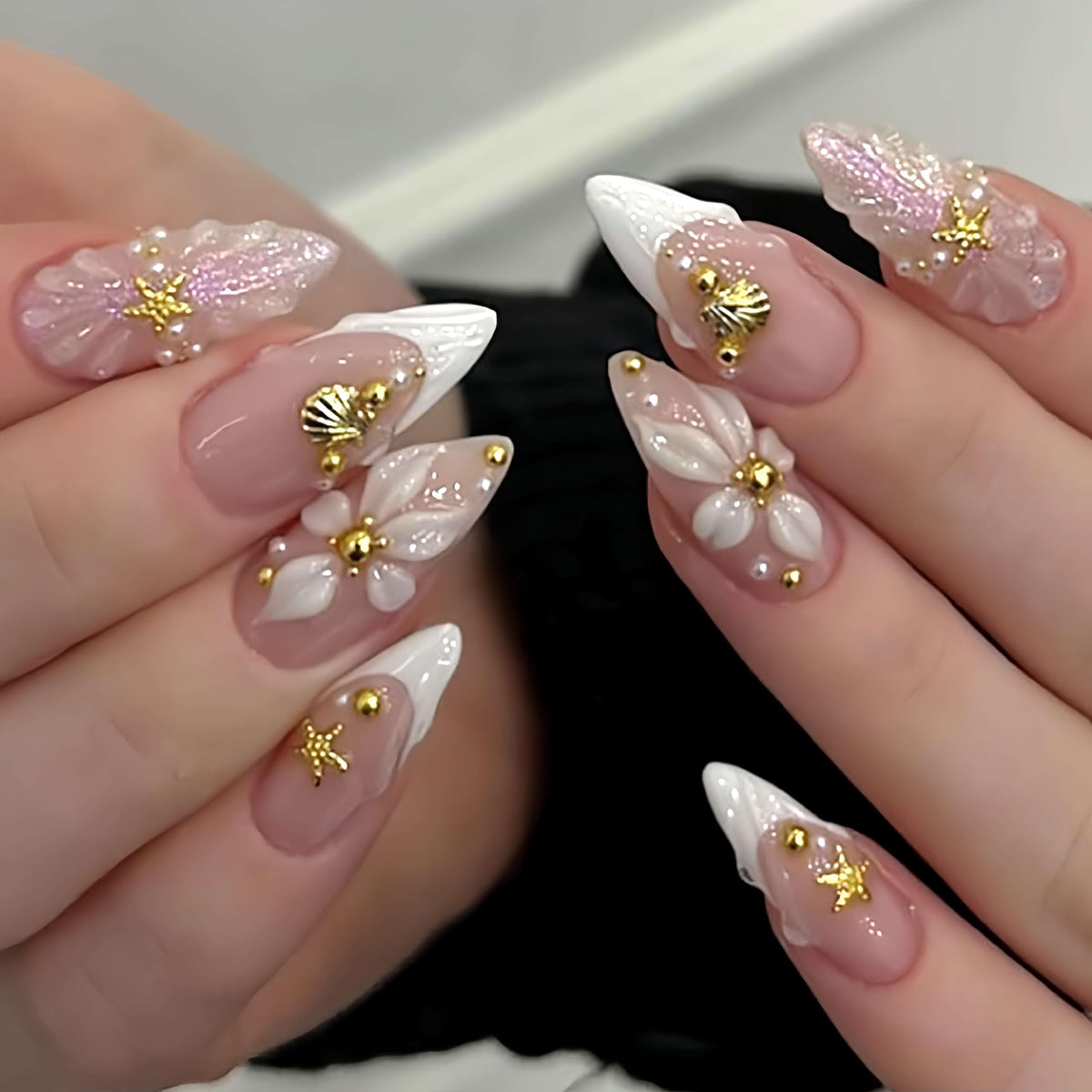 Medium Almond Press On Nails, Milky Nude Fake Nails with White French Tips, Gold Outline Design, Rhinestone and Pearl Accents, Glossy Reusable Glue On Nails for Women Wedding, 24PCS