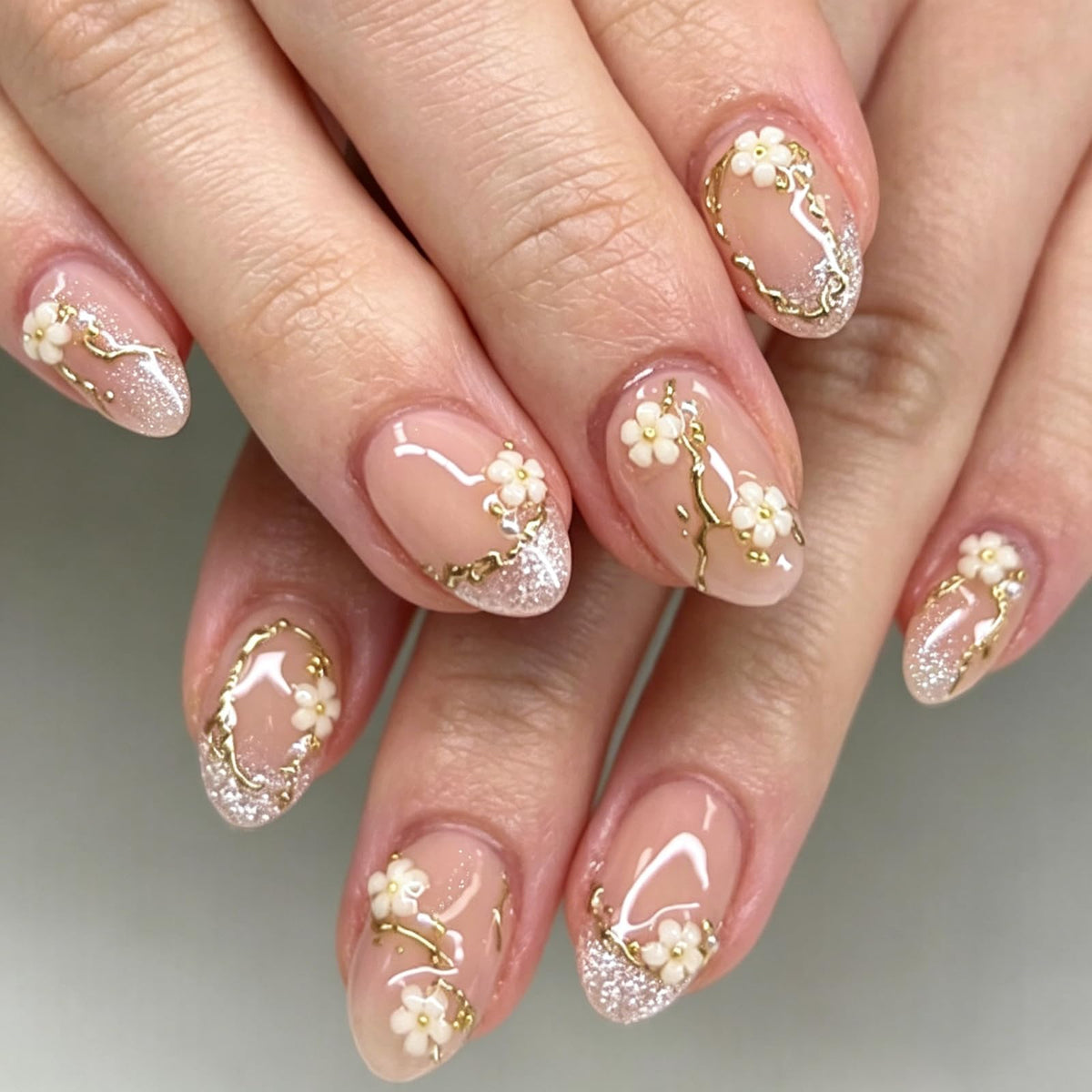 Press on Nails Medium Almond - 3D Red Hibiscus Flower Olive Green Fake Nails, Jade Agate Retro Stick on False Nails for Women & Girls, 30 Pcs