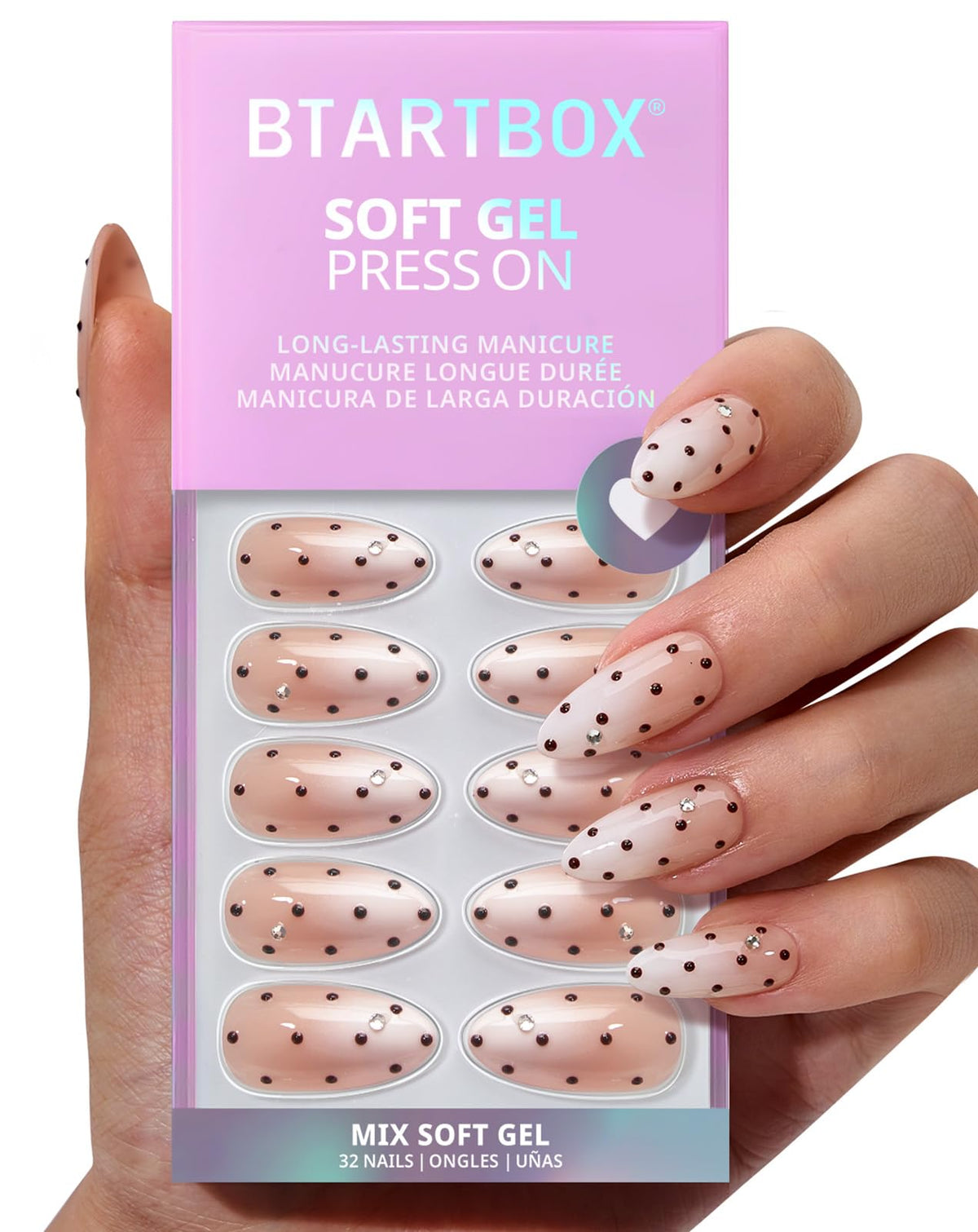 BTArtbox Press On Nails, Short Almond French Tip Nails, 32 Pcs Full Kit