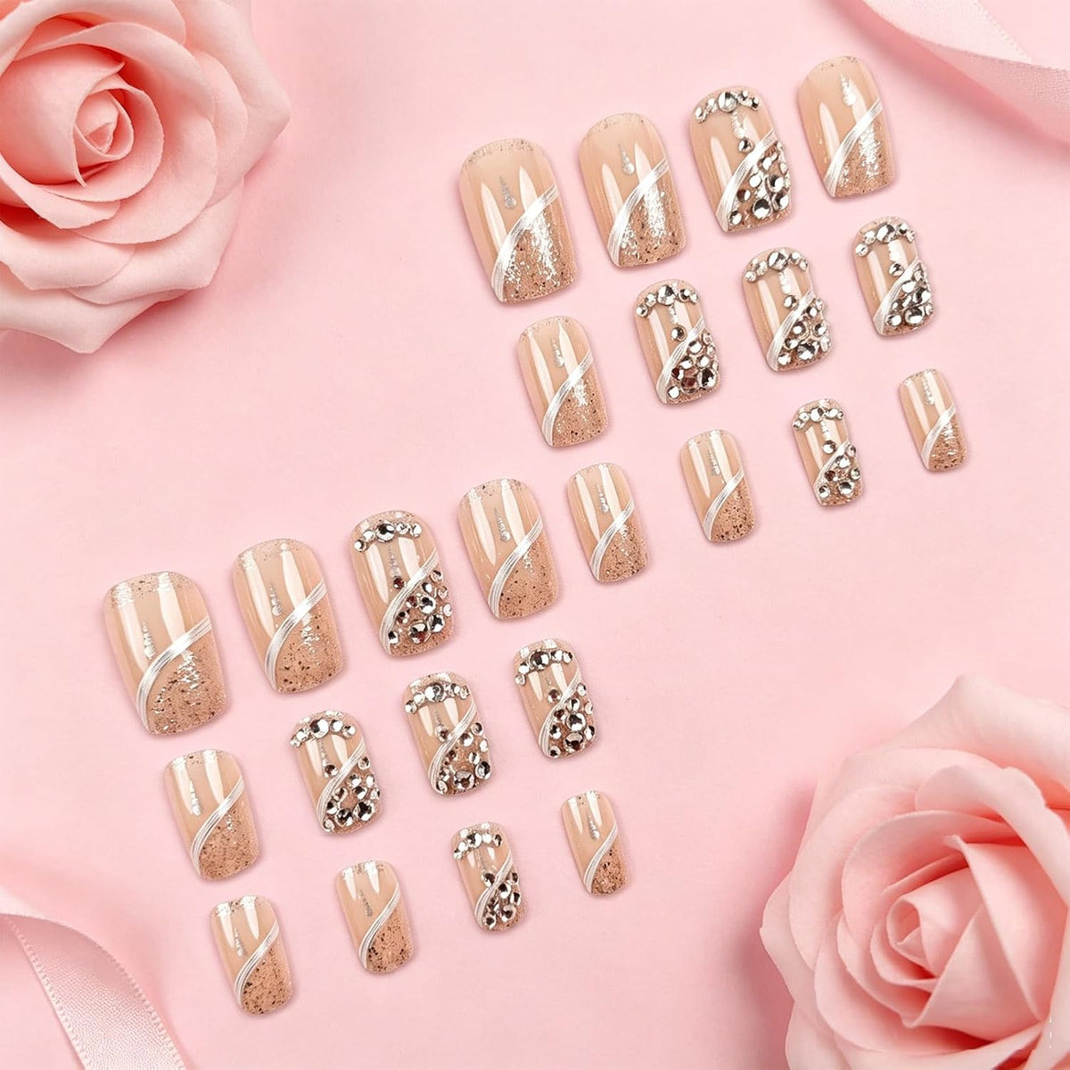 Press on Nails Silver Glitter Rhinestone Medium Square Fake Nails