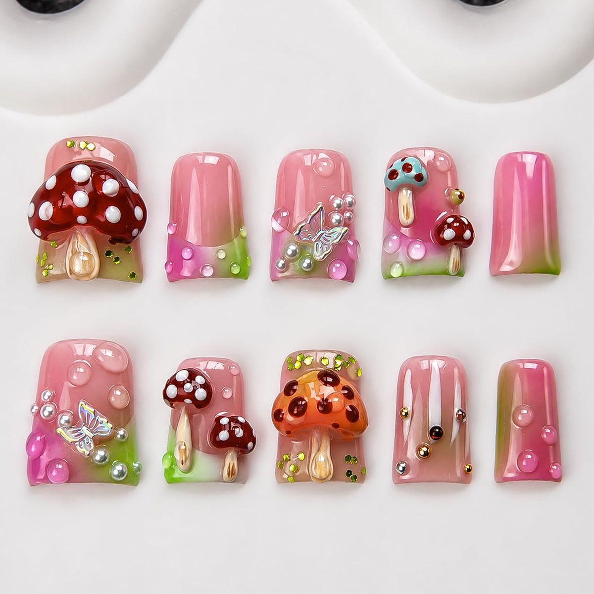 Handmade Press On Nails Short Square Nude 10PCS French Tip Fake Nails with 3D Gold Pearl Charms, Hand Painted Luxury Reusable Stick On Nails for Wedding Bridal Prom(M)
