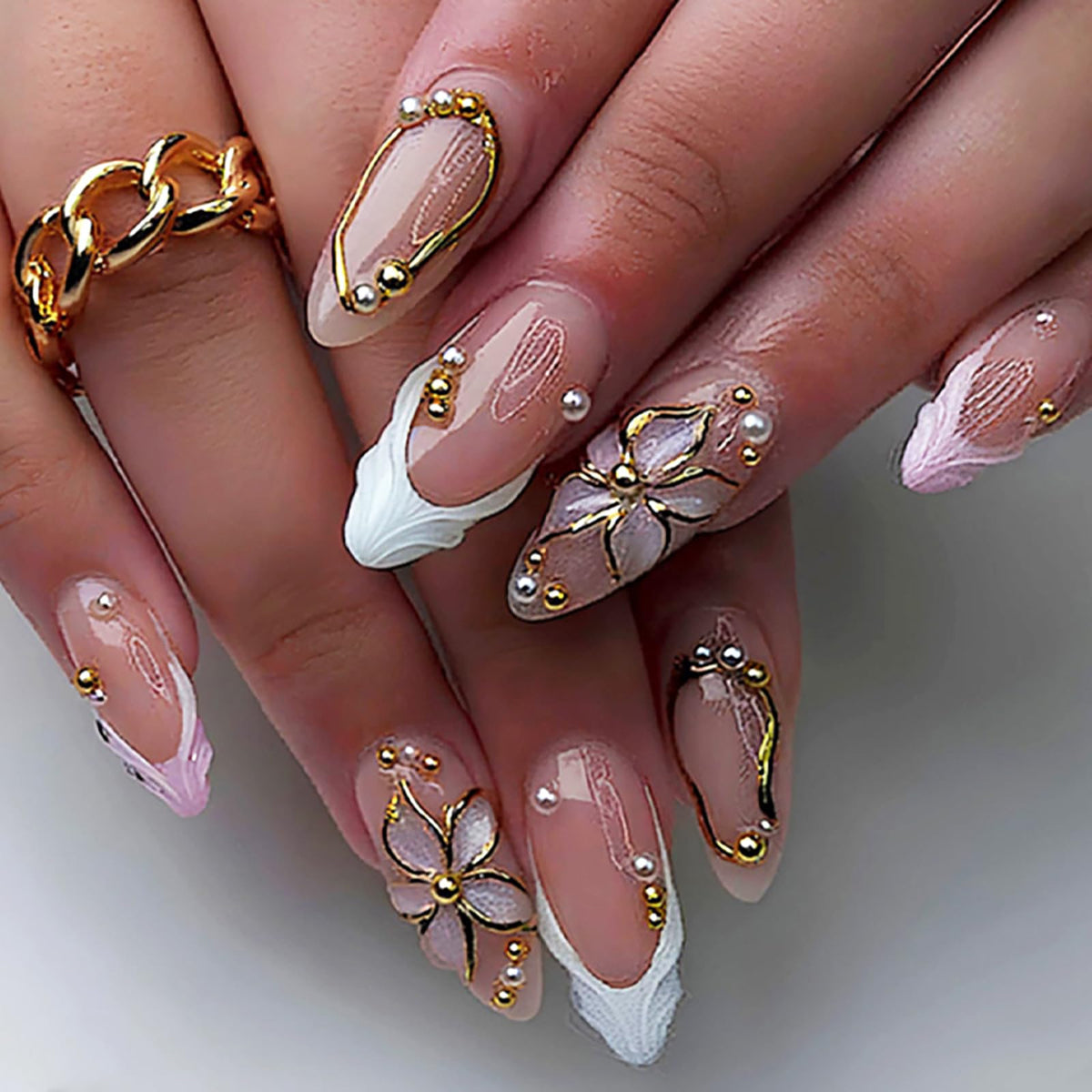 Long Almond Glitter Press on Nails Nude Pink Fashion Gold Fake Nails Full Cover Sparkling Stick On Nails Glossy Thin Design Glue on Nails for Girl Women False Nails Daily Office Party Wedding 24 Pcs