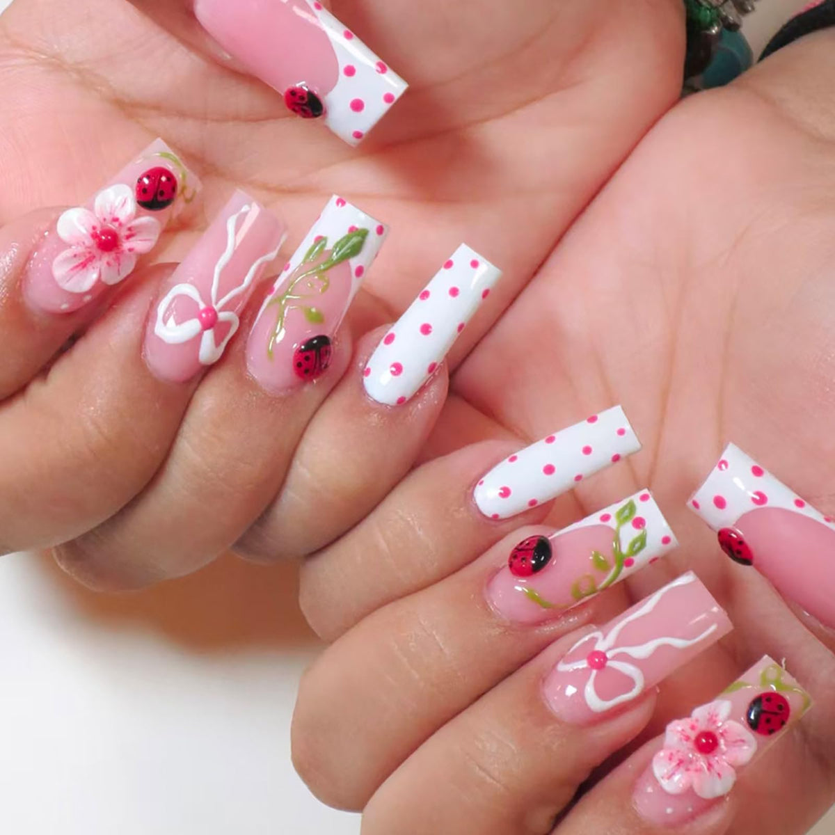24Pcs Long Square Nude Pink White Nails Press ons Pearl Gold Flower Fake Nails Elegant False Nails Bridal Nails Glue on Luxurious Stick on Nails Casual Work for Girl Women Wedding Formal Occasions
