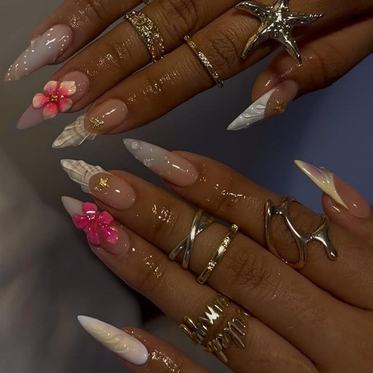 3D Gold Press on Nails Long Stiletto Fake Nails Glossy Nude Blue Full Cover