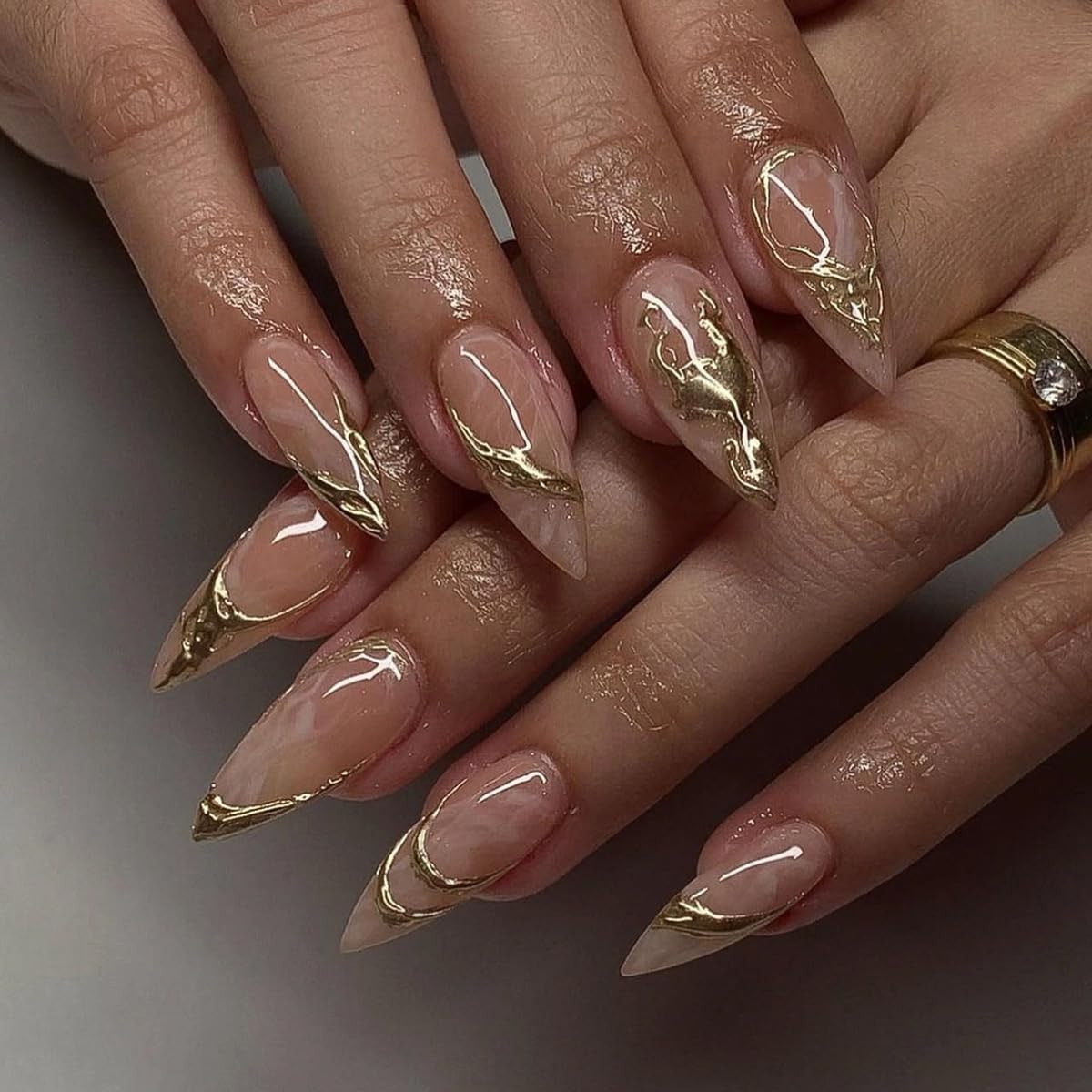 Almond Press on Nails Medium - Fall Fake Nails with Gold Line Design - White Full Cover Stick on False Nails - for Women 24 Pcs