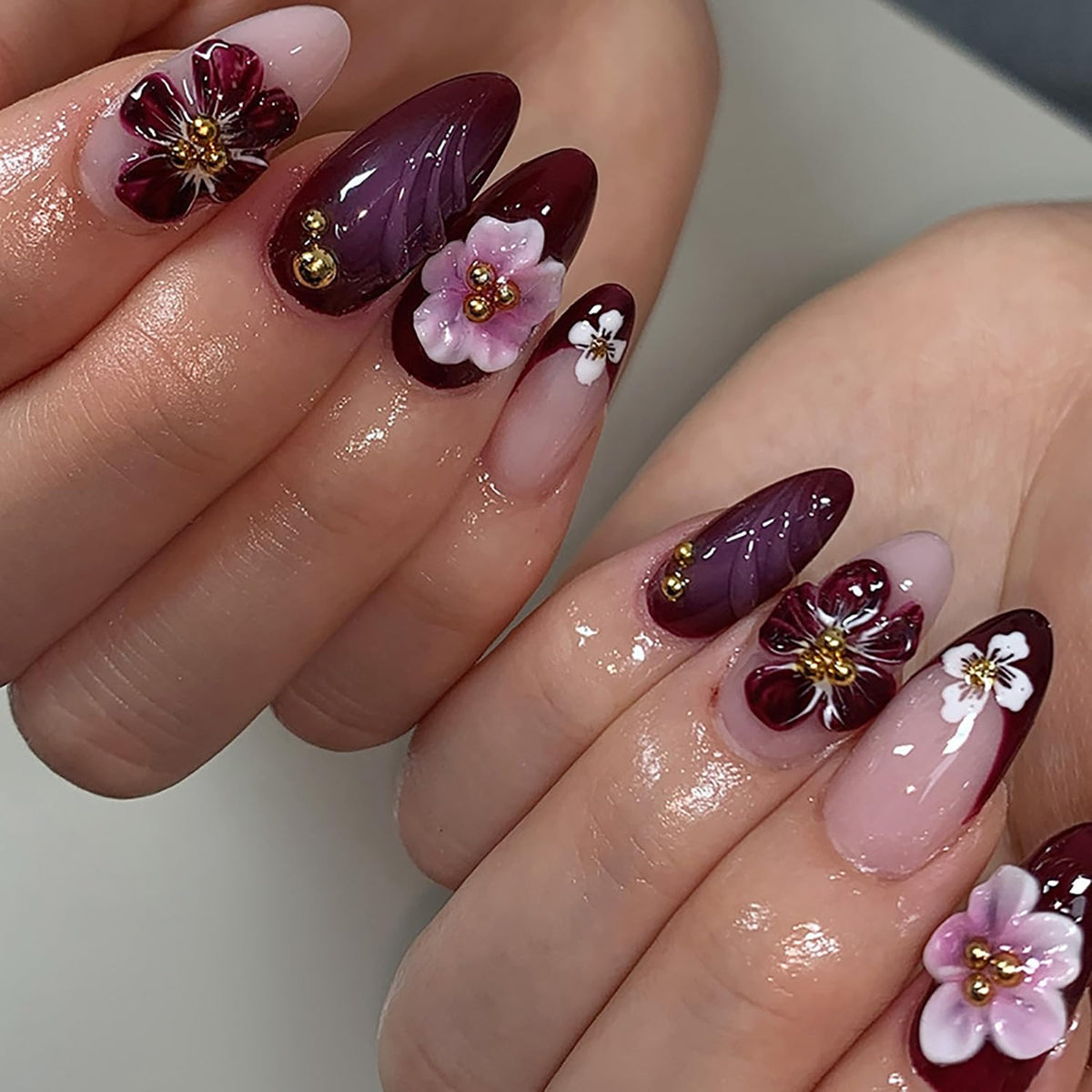 24Pcs White French Tip Press on Nails Medium Almond Fake Nails with Silver Rhinestones with Nude Pink Full Cover Glue on Nails French Designs 3D Flower False Nails Cute Spring Stick on Nails for Women