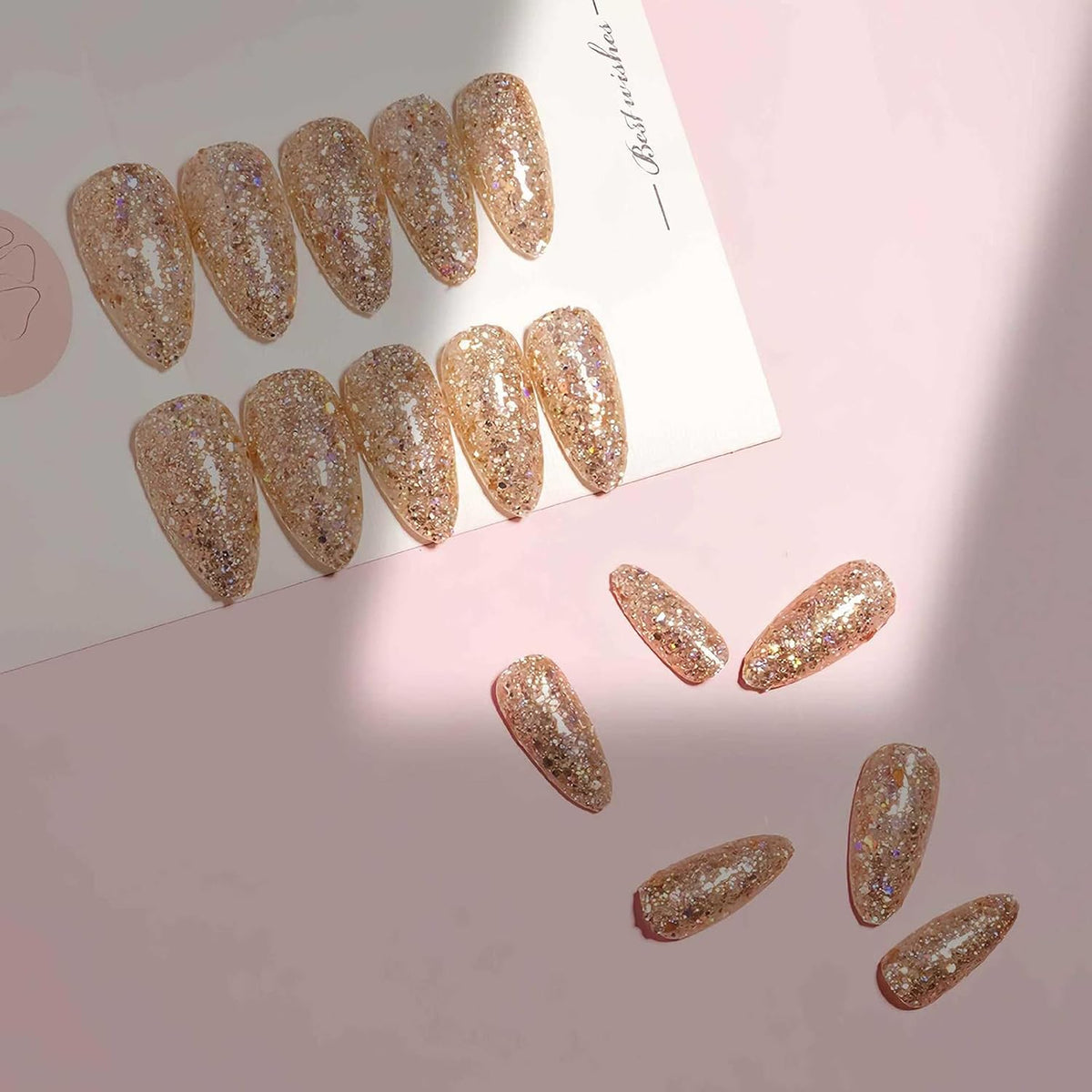 Long Almond Glitter Press on Nails Nude Pink Fashion Gold Fake Nails Full Cover Sparkling Stick On Nails Glossy Thin Design Glue on Nails for Girl Women False Nails Daily Office Party Wedding 24 Pcs