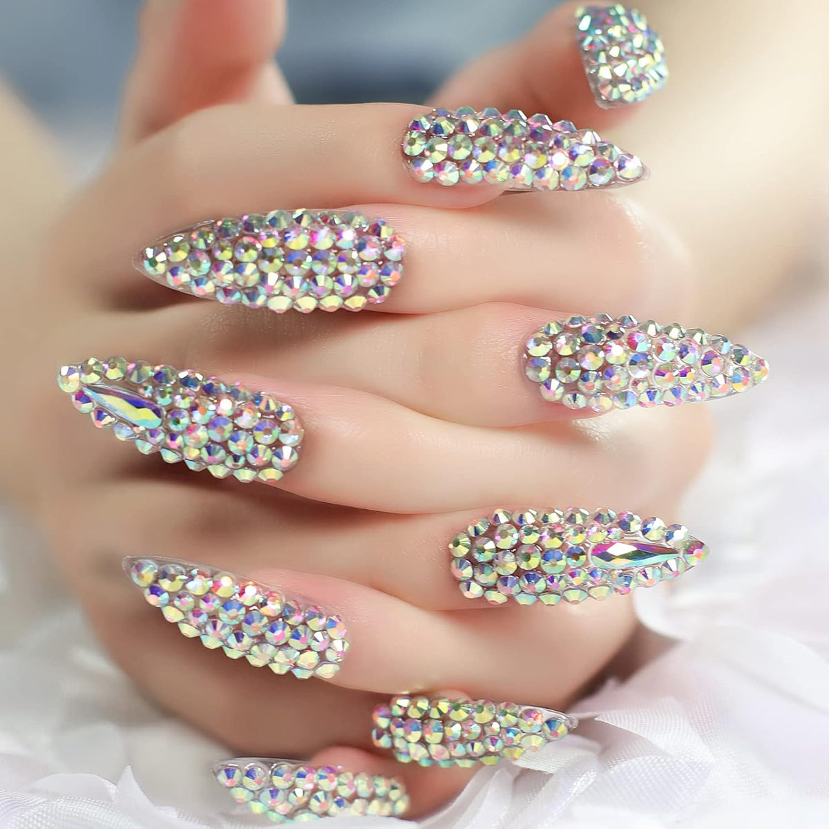 Elevenail Handmade Press on Nails Full Cover Luxurious 3D Crystal False Nails Super Extra Long Stiletto Diamonds Art Decoration Fake Nails Manicure Kit Nail Art Tips Gift for Women Girls Wedding Party