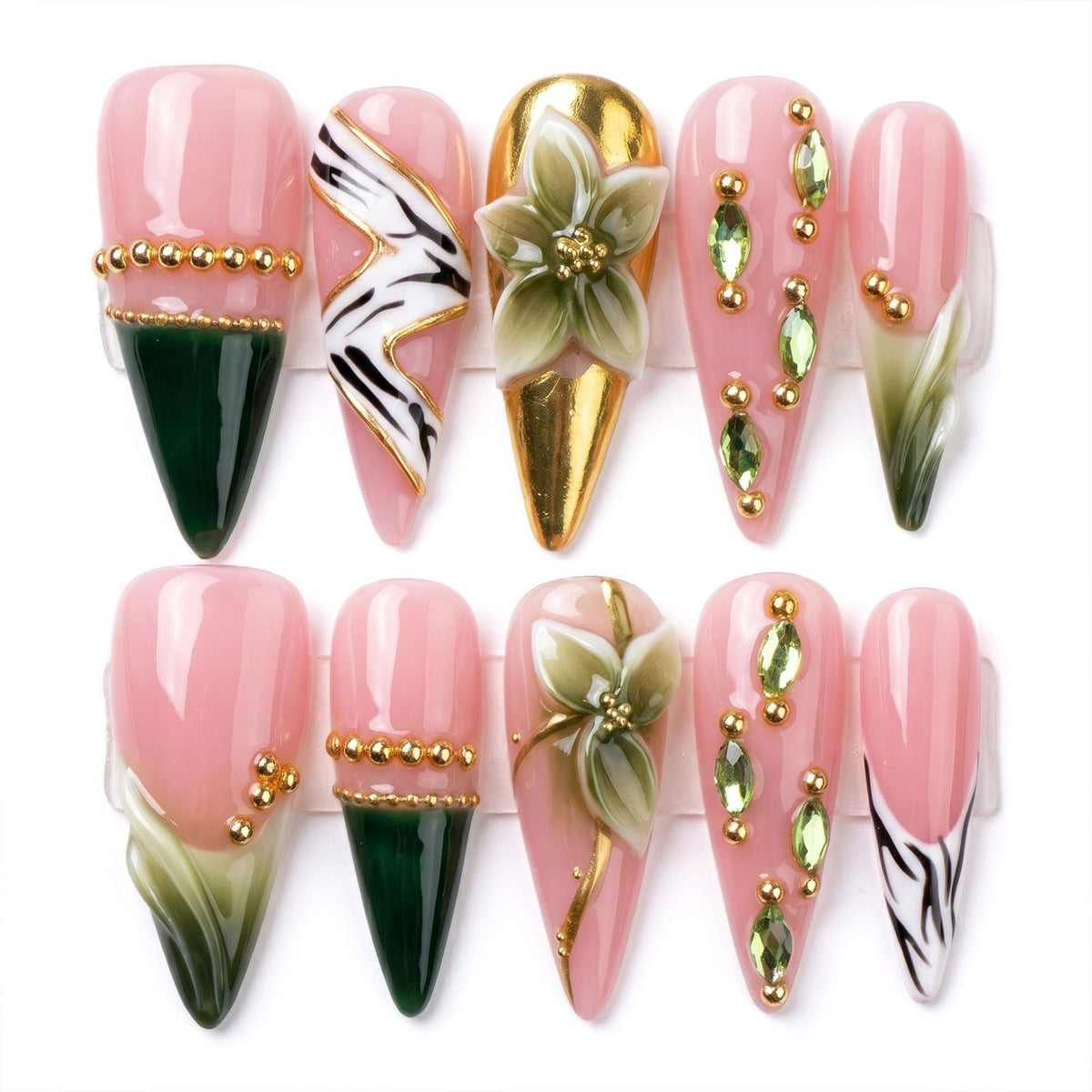 Handmade Press on Nails Long Stiletto - Liquid Gold Abstract Acrylic Fake Nails with Blue Shimmer & Colorful Gems, Luxury Reusable False Nails 10 pcs (Size M)