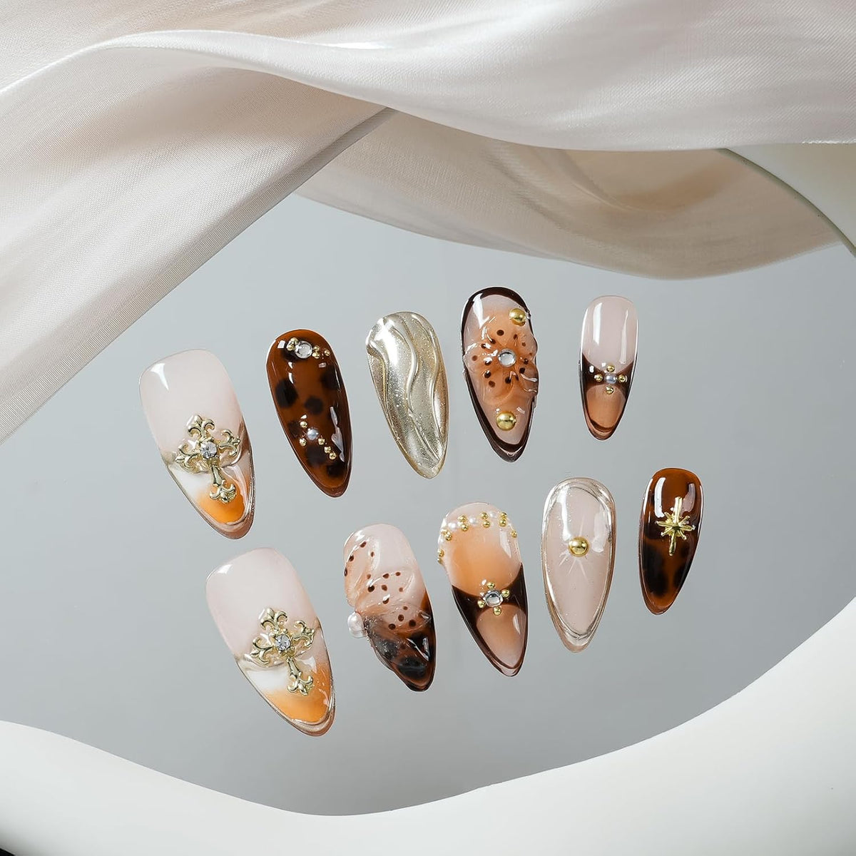 Gothic 3D Floral Press on Nails Medium Almond - Gold Cross & Rhinestone Design, Handmade Pearl Luxury Dark Romantic Reusable Nails (Orange Diamond Sweet Luxury,L)