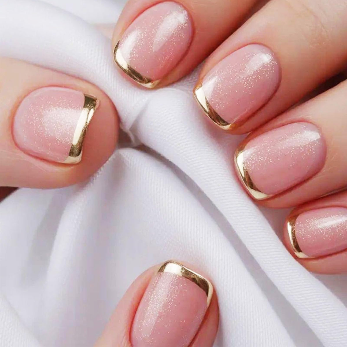 Press on Nails with Shimmer Design Glossy White French Tips Short Square False Nails Silver Glitter Fake Nail Nude Minimalist Stick on Fingernails Pink Glue on Nail for Women Bridal Daily Wear