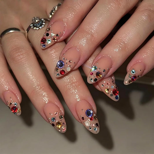 HOSAILY Luxury Press on Nails Medium Almond Rhinestones French Designs Fake Nails, 24PCS Glossy Sparkle Colorful Gems Stick on Nails for Women Party Daily Wear