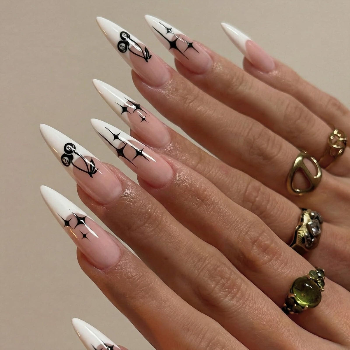 SINHOT Stiletto Press on Nails Long Fake Nails Glossy Glue on Nails Luxury Rhinestones Acrylic Nail White Bling Glitter Almond Artificial Nail Stick on False Nail with Design 24pcs