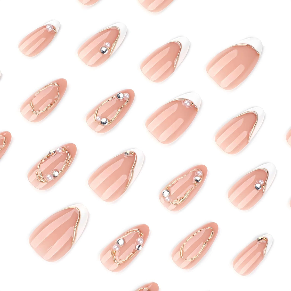 Medium Almond Press On Nails, Milky Nude Fake Nails with White French Tips, Gold Outline Design, Rhinestone and Pearl Accents, Glossy Reusable Glue On Nails for Women Wedding, 24PCS