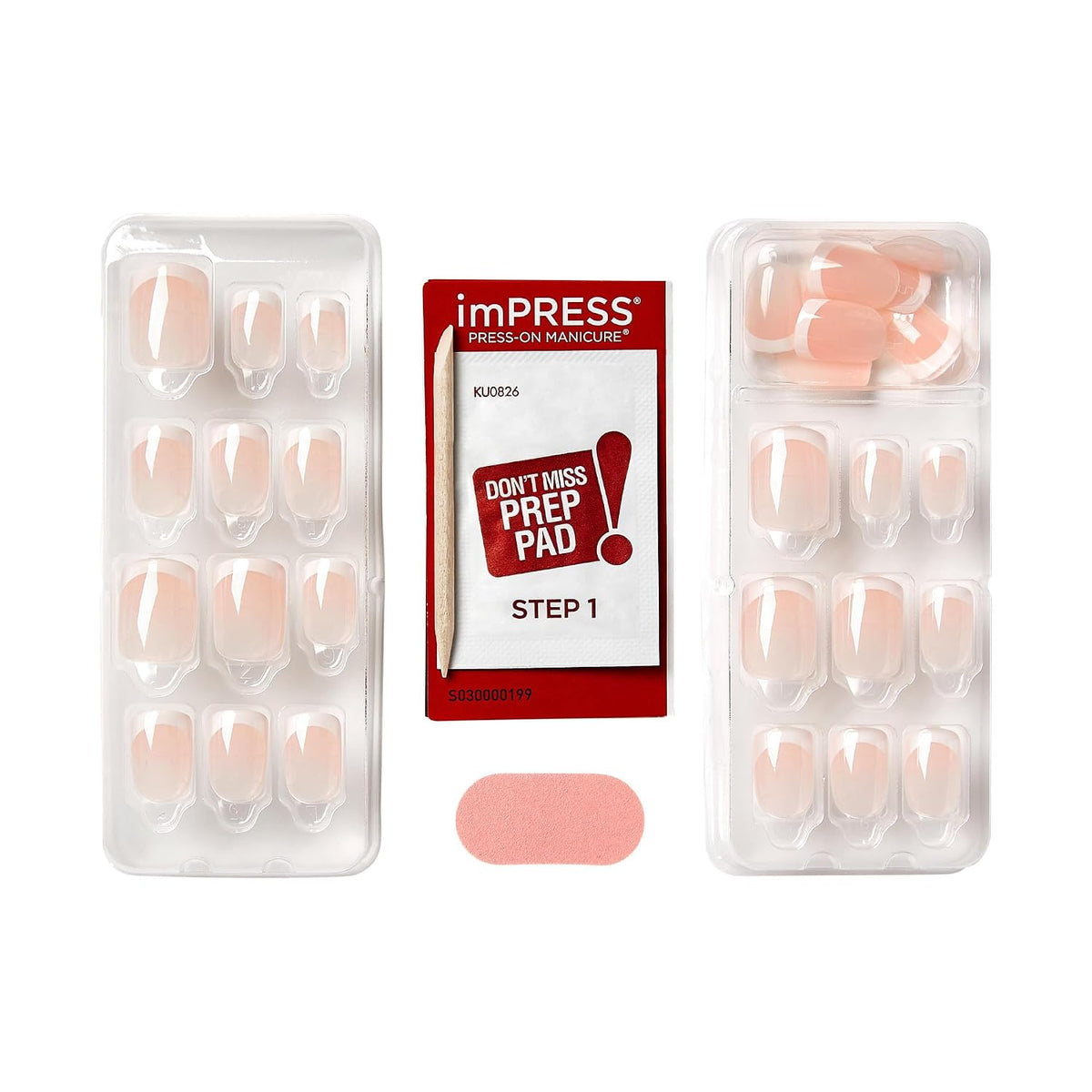 Kiss Impress No Glue Mani Press On Nails, Design, 'Chic French', White, Short Size, Squoval Shape, Includes 30 Nails, Prep Pad, 1 Manicure Stick, 1 Mini File