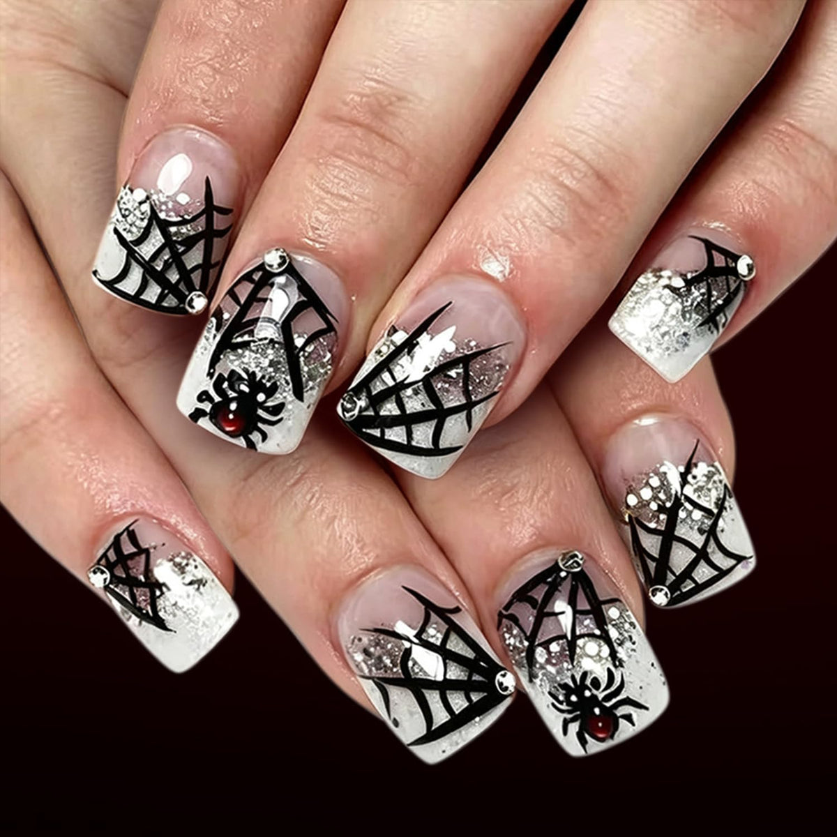 24Pcs White Flower Press on Nails Gold Bead Star French Tip Fake Nails