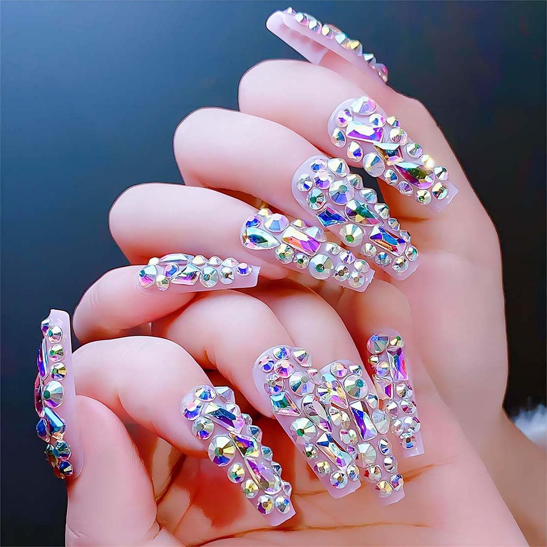 RUOKEXIN Long Press on Nails Stiletto Shaped Fake Nails Handmade False Nails with Rhinestones Designs White Ombre Glue on Nails Glitter Artificial Nails Luxury Stick on Nails for Women 24Pcs