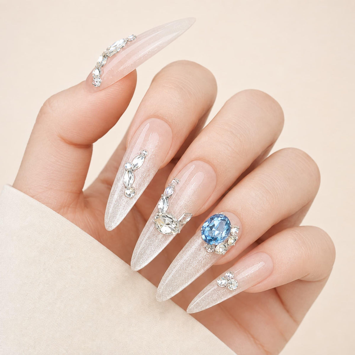 Lace Print Short Almond Press On Nails with 3D Rhinestones 24Pcs