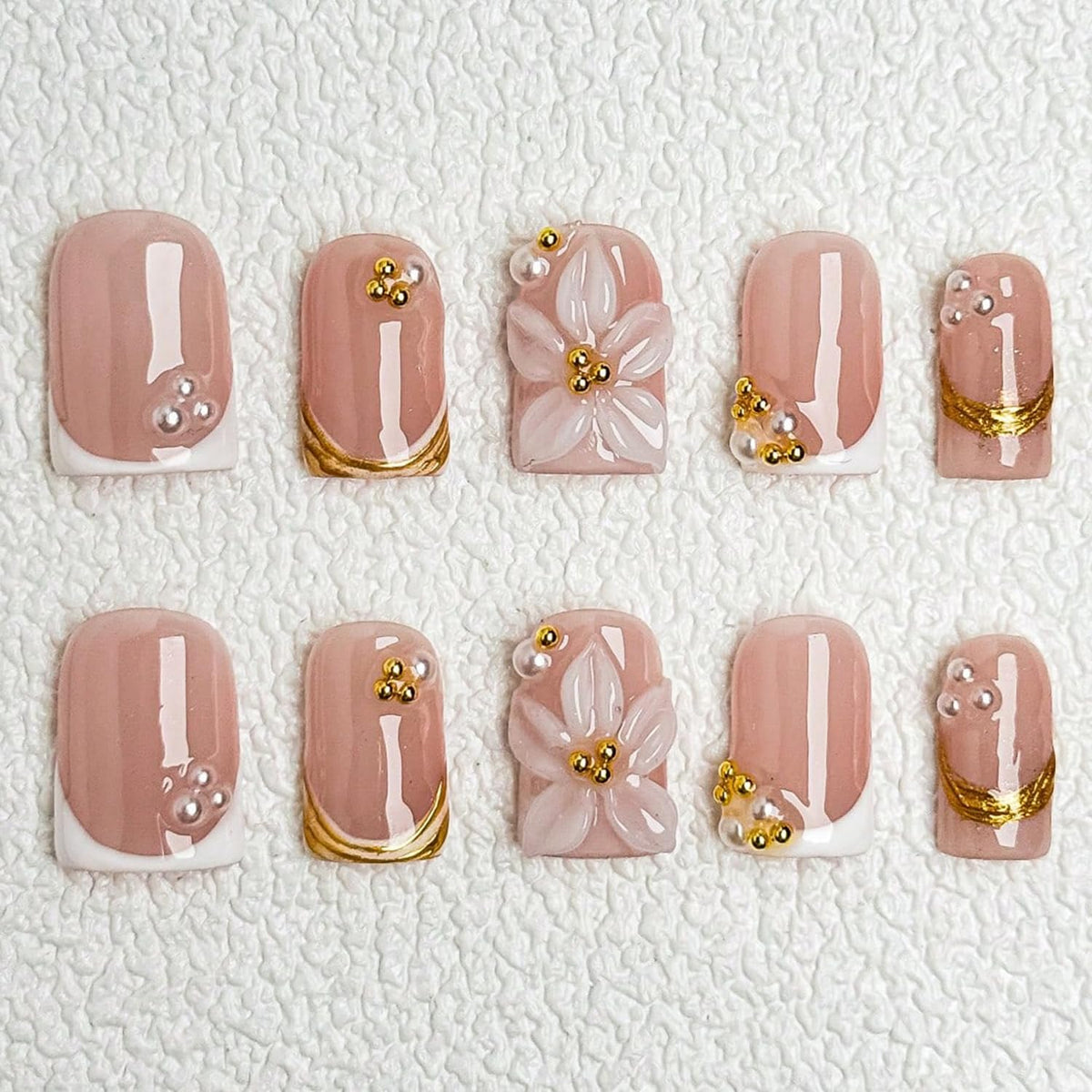 Handmade Press On Nails Short Square Nude 10PCS French Tip Fake Nails with 3D Gold Pearl Charms, Hand Painted Luxury Reusable Stick On Nails for Wedding Bridal Prom(M)