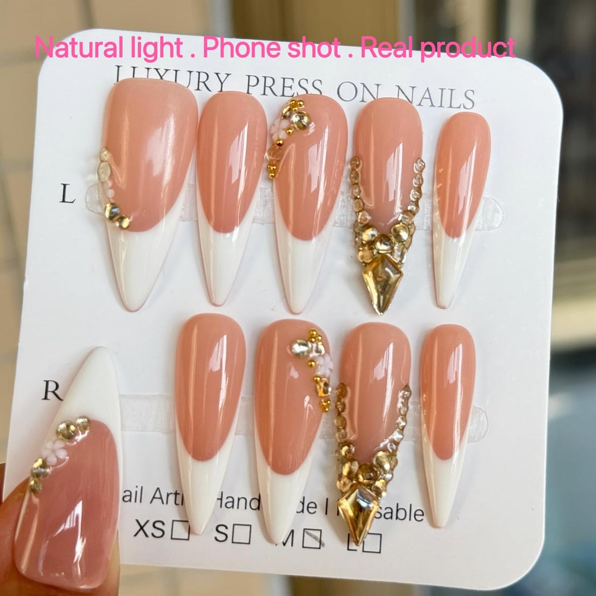 Long Stiletto Press On Nails, Handmade Nude White French False Nails with Gold Rhinestone Decor, Reusable Salon Grade Fake Nails Easy to Wear, 10Pcs M Size for Women
