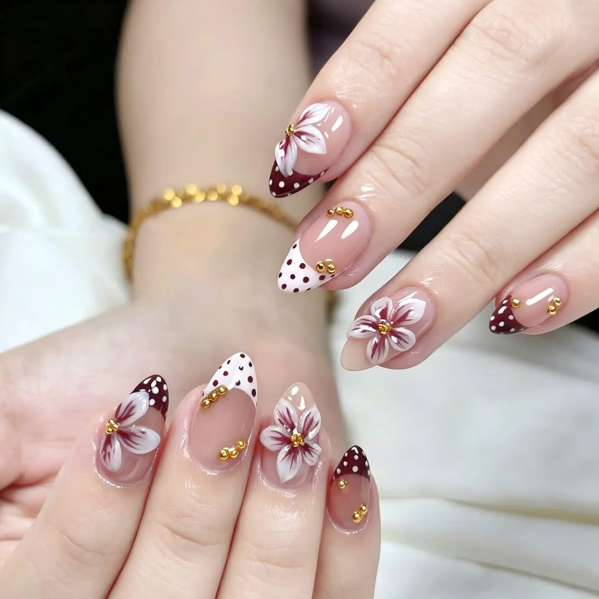Almond Press on Nails Medium Fake Nails with 5D Metal Lines Charm Design Glossy Pink Nails Press on Curve Glue on Nails Reusable Luxury Silver Beads Acrylic Nail for Women 24Pcs