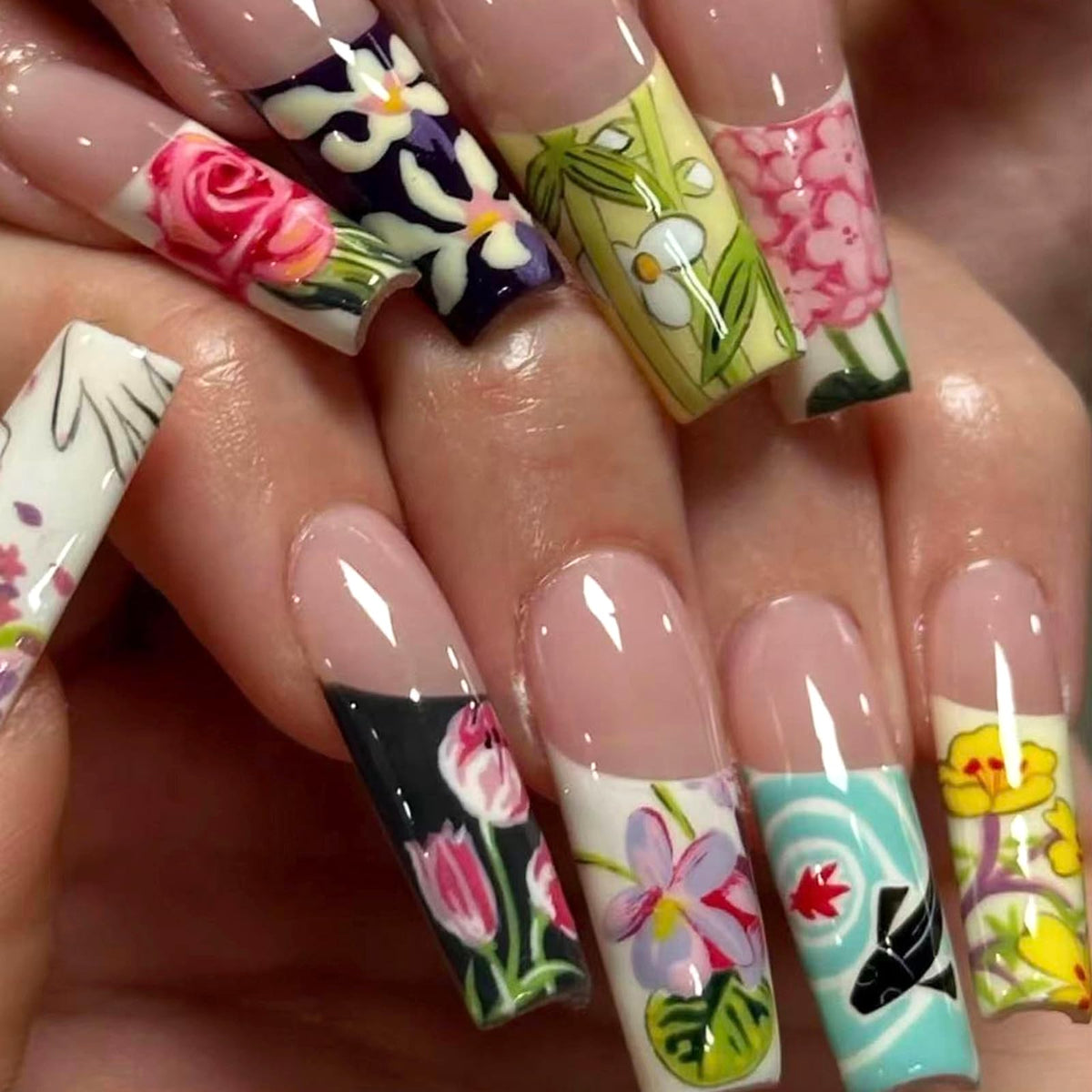 MISUD Press on Nails - Extra Long Square Glue on Nails with French Tip, Acrylic Dollar Money Rhinestone Design 24 pcs