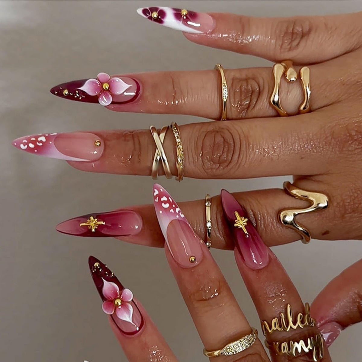 3D Gold Press on Nails Long Stiletto Fake Nails Glossy Nude Blue Full Cover