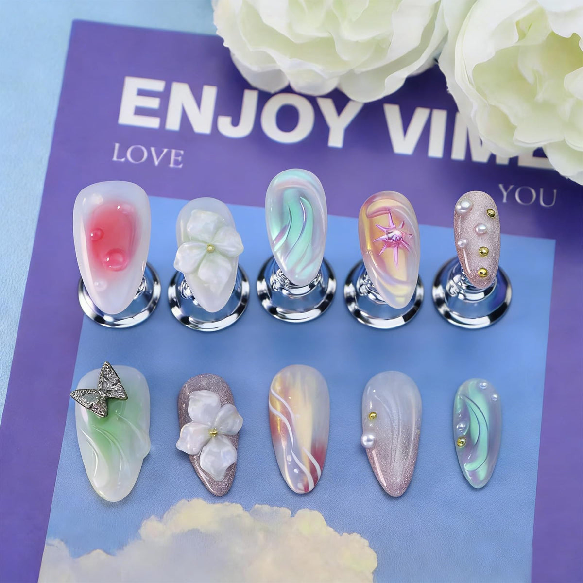 Star Moon Press on Nails Long Stiletto Fake Nails Pure Handcrafted Nail Mirror Effect Glue on Nails Glitter False Nail with Design Rhinestone Stick on Nail for Women Girls Luxury Manicure (M)