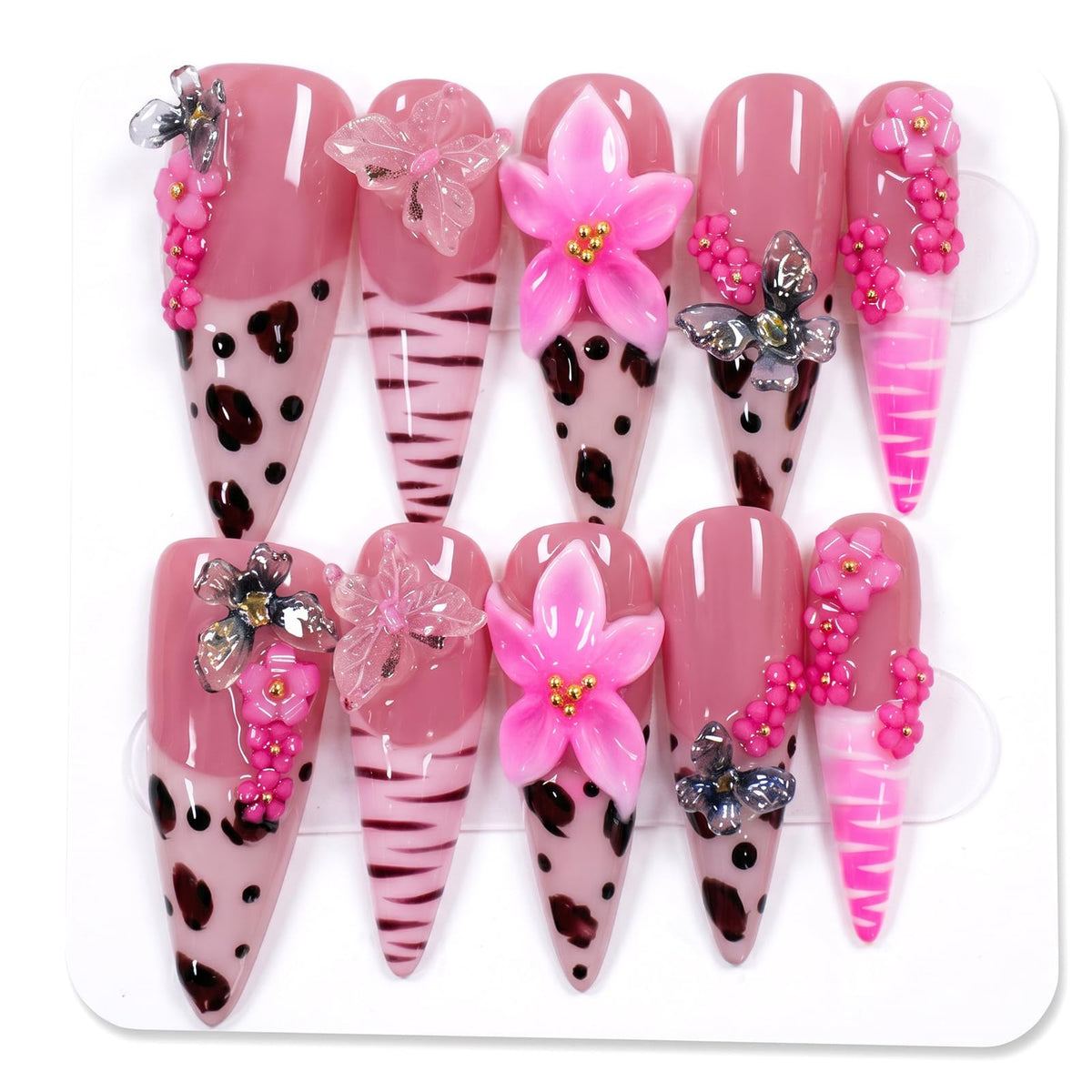 Long Stiletto Handmade Press on Nails 3D White Flower Charm 10Pcs Size M