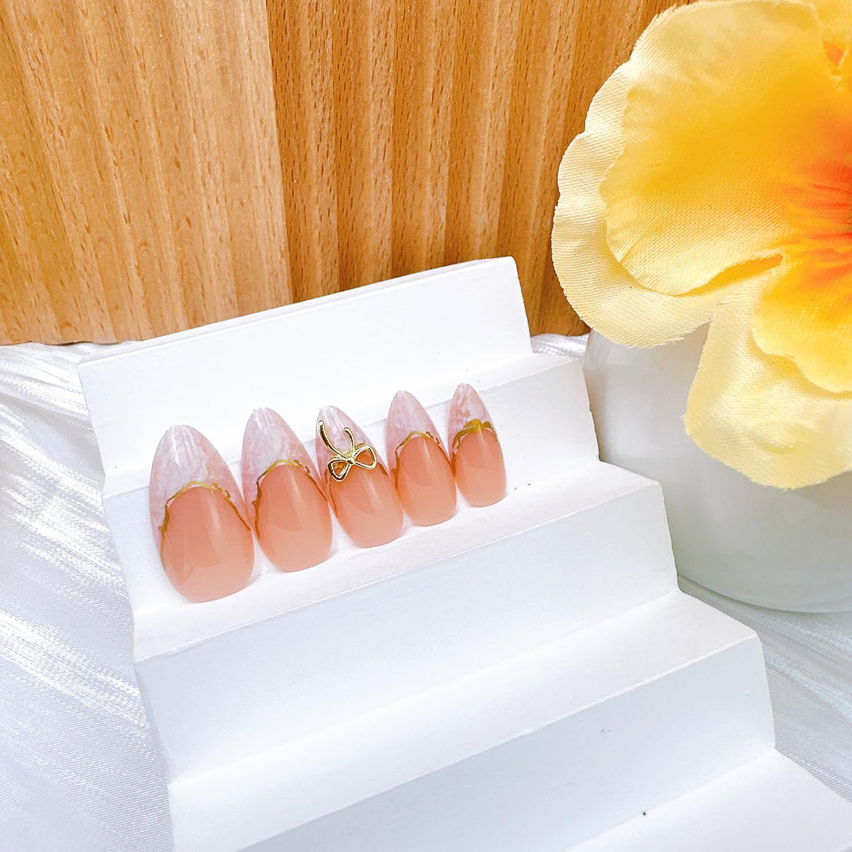 24Pcs Almond Press on Nails Medium Length White French Tip Fake Nails with Gold Lines Designs 3D Bow Acrylic Nails Reusable Cute False Nail Set Nude Glossy French Full Cover Glue on Nails for Women